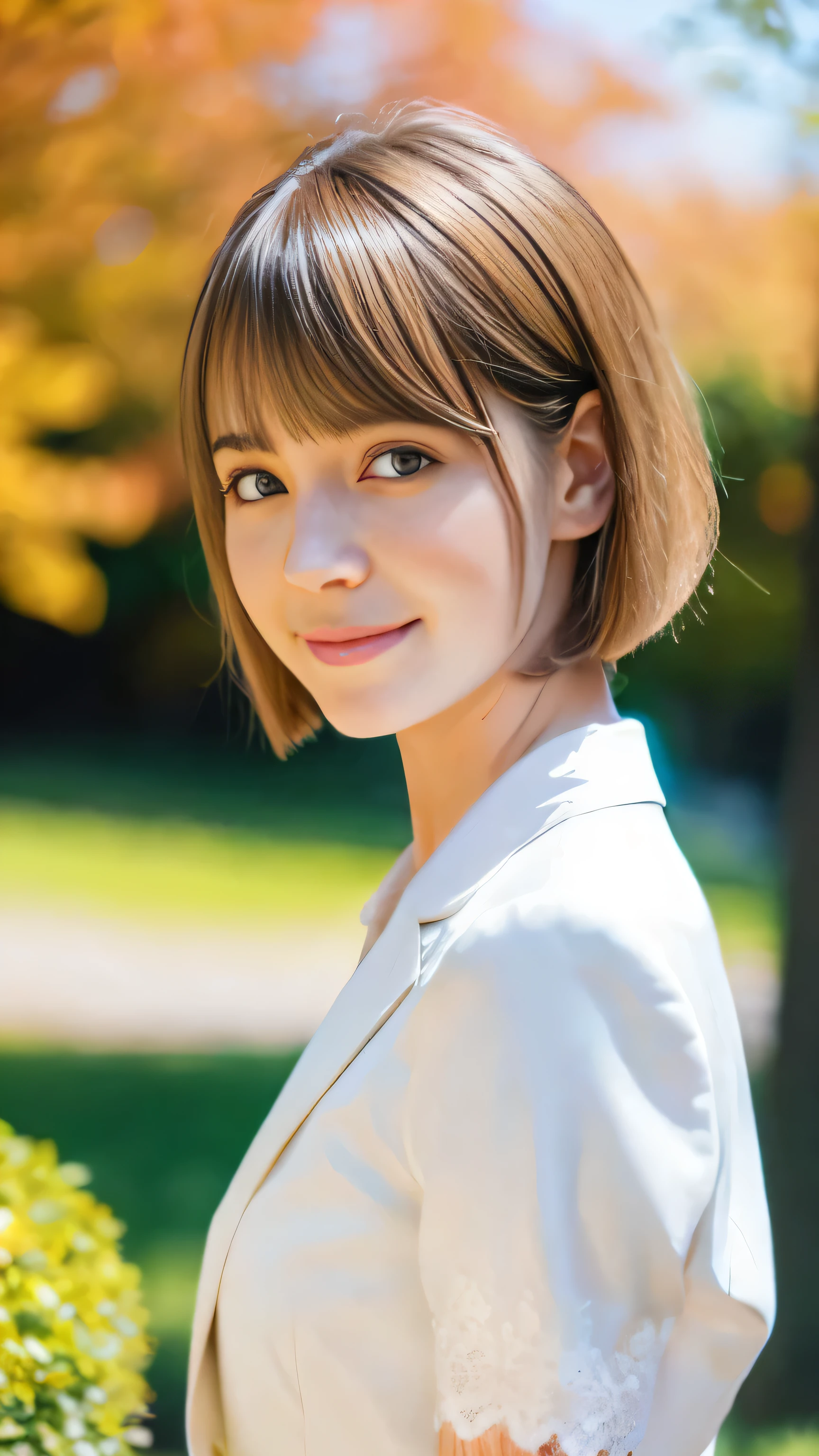 sunny day, Elegant photo of a girl in a blazer dress, (puffy eyes:1.05), (White lace shirt), Platinum brown hair, (angled bob:1.4), Flat bangs, (flowing hair), smile a little, Happy, happiness, high resolution skins, skin pores, Stunning innocent symmetry face, long eyelashes, black eyeliner, Light Golden Eyeshadow,(Sit in a bunch), crossed_feet, Emotional, Wind, garden, wood, Grass, masterpiece, highest quality, realistic,