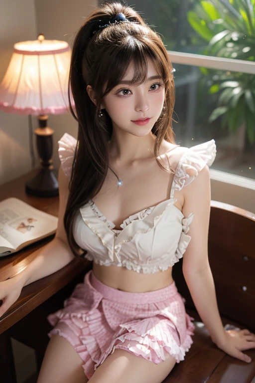 Smile、night、original photography、(((ultimate beauty portrait)))、((sparkling skin))、1 girl、Beautiful 15 year old girl from Prague、bright expression、((brown hair))、(Light clothes),(B cup no)、(frilly skirt:1.5)、((Big eyes sparkling like gems))、cardigan、open your clothes、pantyhose、Glowing and radiant skin、(medium hair)、(silk ponytail)、(standing)、(from below)、under skirt、(from below看内衣的特写)、Eyeliner、beautiful bangs、hair between eyes、((​Masterpiece、top quality、Super detailed、lamp、intricate details、high resolution、Very detailed))、background for this、8 kood、digital SLR、soft light、high quality、film grain、富士XT3 、shallow view deep、natural soft light、Kamimei、plump bust