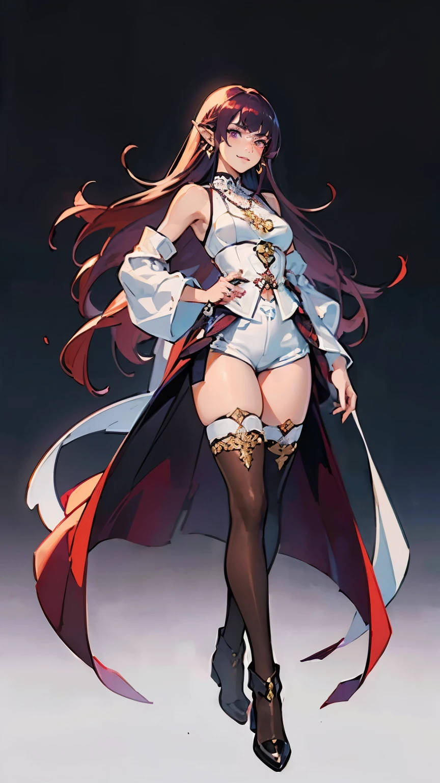 ((masterpiece,best quality,8k,highres)),((character concept art)), 1 female, young adult female, idol,singer, 170 cm height, long straight hair, curtain hair bangs (maroon hair colour), ultra finely detailed eyes (purple eyes colour), extraordinary gorgeous, charming, smirk smile, warm smile, (pointed ears), medium breasts, hourglass body shape ((muscular)), ((intricate detail)), super finely detailed hands, ultra finely detailed fingers(((ten fingers))), sleeveless model tops (white outfit colour), ((extreme short pants)), black chelsea boots, earrings, necklace, (standing still), (full body showcase), (show full body), (no logos on background), (no logo), ((plain background)), ((plain background)), (((empty background)))