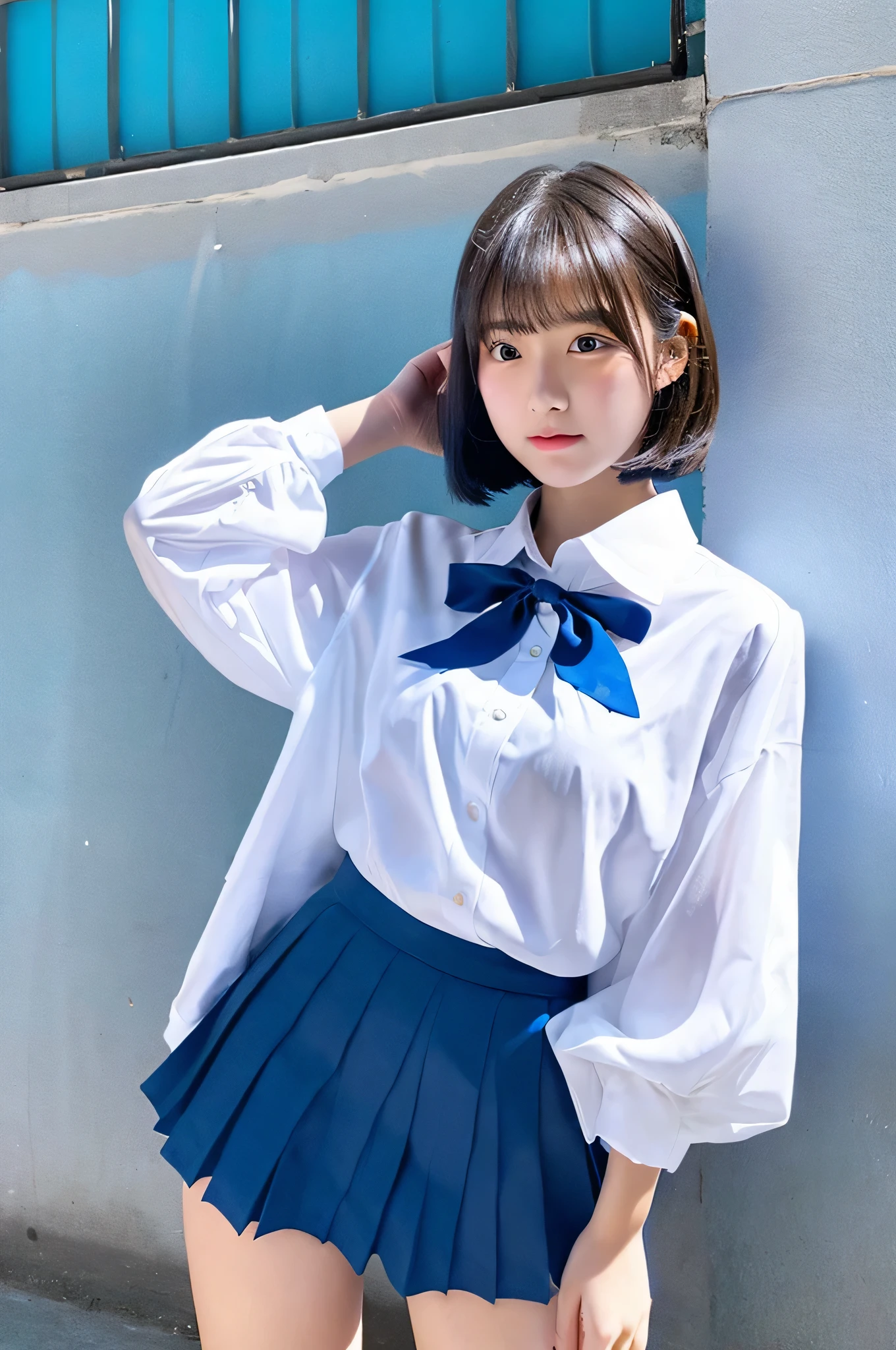 An 18-year-old high school girl wearing a white shirt and blue miniskirt uniform..（black short bob）