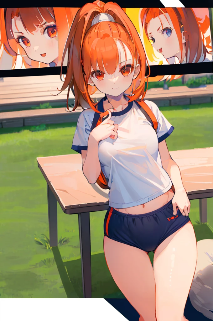 Marie Iraqi、Good looking girl (blush, Perfect Face), independent , Looking at the camera, masterpiece, Anime art style, Cute Characters, Most detailed, high quality、Nico Nico Smile、Cat ear、Orange Hair、Lolita、Small breasts、Running outside、sweating、White short-sleeved gym clothes、Bloomers、See-through、Showing armpits