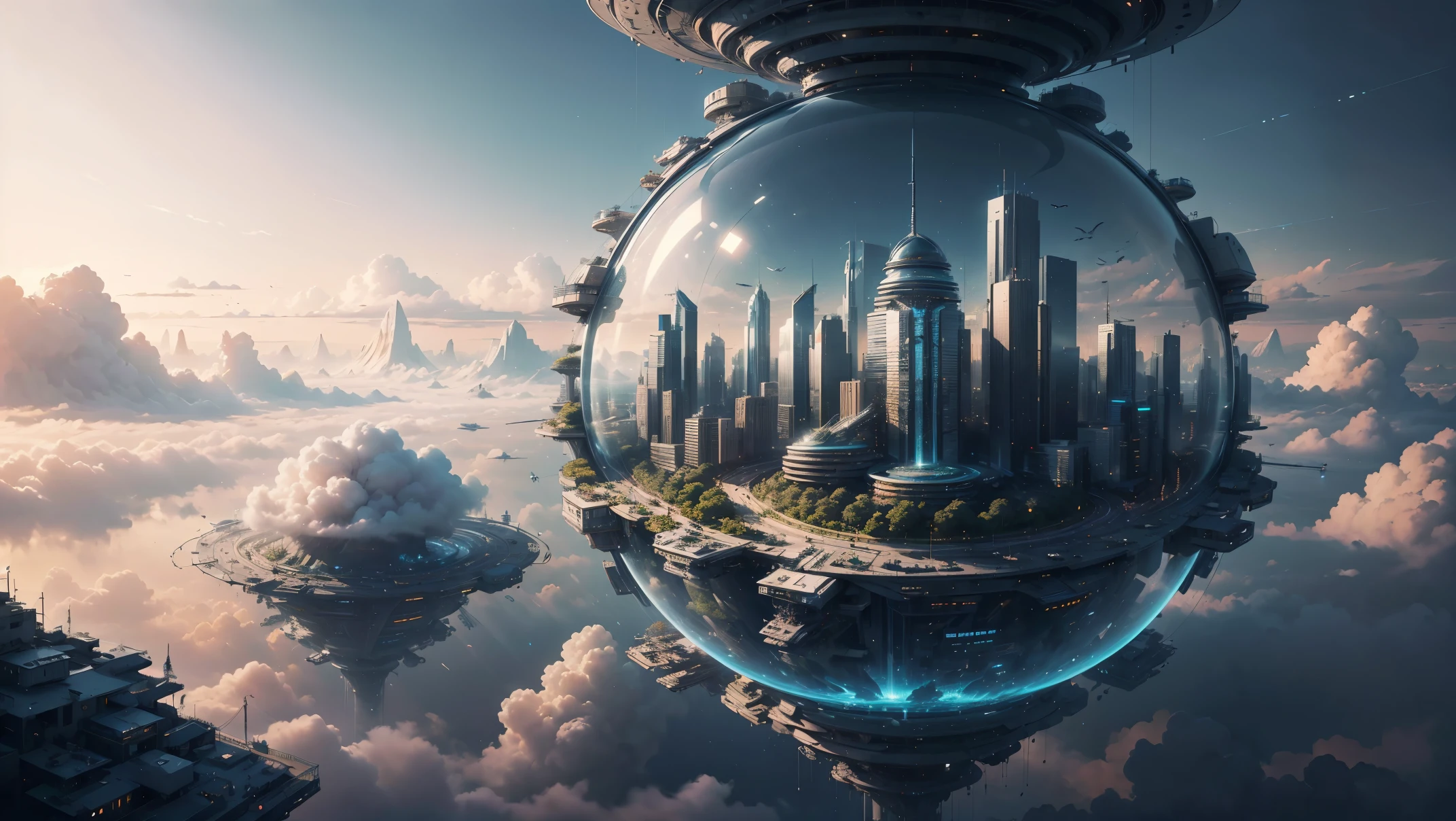 (Best quality,4K,8K,A high resolution,Masterpiece:1.2),Ultra-detailed,(Realistic,Photorealistic,photo-realistic:1.37),Futuristic floating sky city,Futuristic technology,Huge urban high-tech tablet platform,Airship,Floating in the sky,Futuristic city,Small airships around,High-tech hemispherical platform,Colorful lights,Advanced architecture,Islamic architecture,modern architecture,skyscraper,Access the cloud,Scenic beauty,view over city,Impressive design,Blend seamlessly with nature,energetic and vibrant atmosphere,Futuristic transportation system,Parking is suspended,Transparent path,Lush greenery,Sky gardens,cascading waterfalls,Magnificent skyline,reflections on the water,Sparkling river,Architectural innovation,futuristic skyscrapers,Transparent dome,The shape of the building is unusual,Elevated walkway,Impressive skyline,Glowing lights,Futuristic technology,Minimalist design,Scenic spots,Panoramic view,Cloud Piercing Tower,Vibrant colors,epic sunrise,epic sunset,Dazzling light display,magical ambiance,The future city,Urban Utopia,LuxuryLifestyle,Innovative energy,sustainable development,Smart city technology,Advanced infrastructure,Tranquil atmosphere,Nature and technology live in harmony,Awesome cityscape,Unprecedented urban planning,Architecture connects seamlessly with nature,High-tech metropolis,A cutting-edge engineering marvel,The future of urban living,Visionary architectural concept,Energy-efficient buildings,Harmony with the environment,A city floating above the clouds,Utopian dreams become reality,The possibilities are endless,State-of-the-art transportation network,Green energy integration,Innovative materials,Impressive holographic display,Advanced communication system,Breathtaking aerial view,Quiet and peaceful environment,Modernist aesthetics,Ethereal beauty