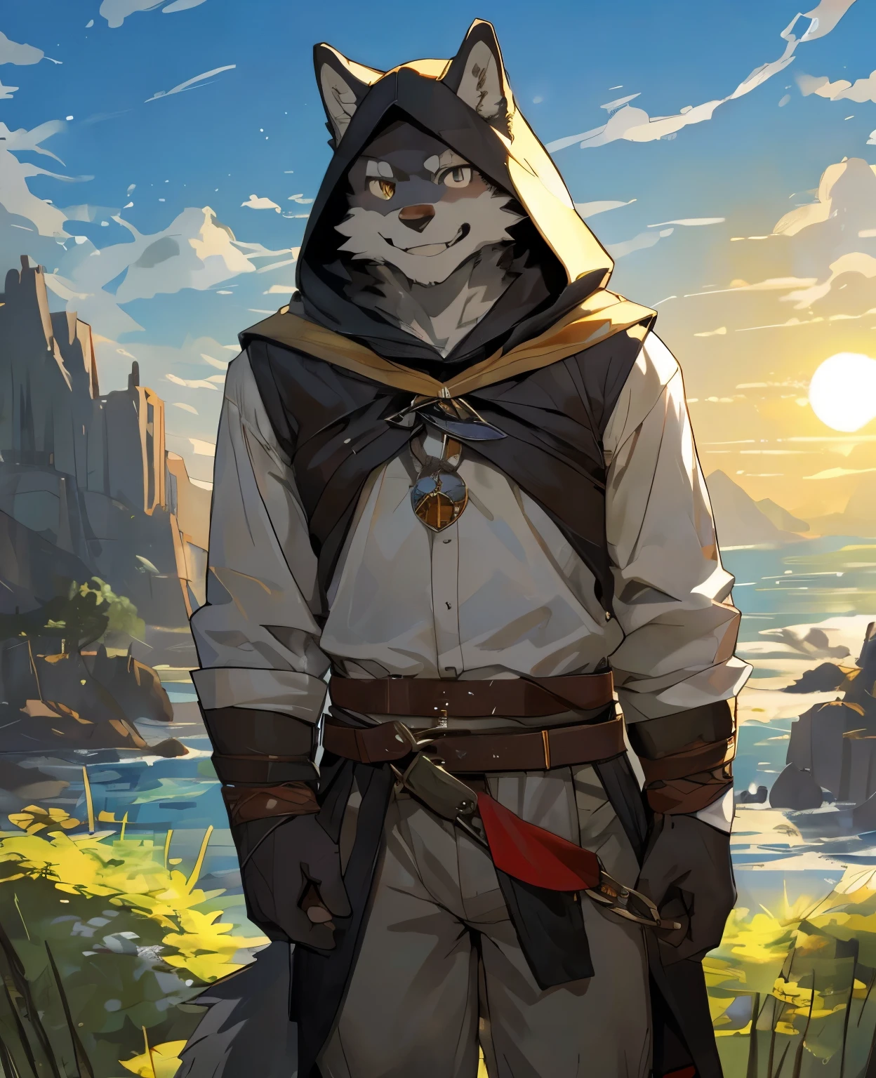 gray,wolf,slim,smile,hood,sun,, male, anthro, furry,, by milkytiger1145,by null-ghost