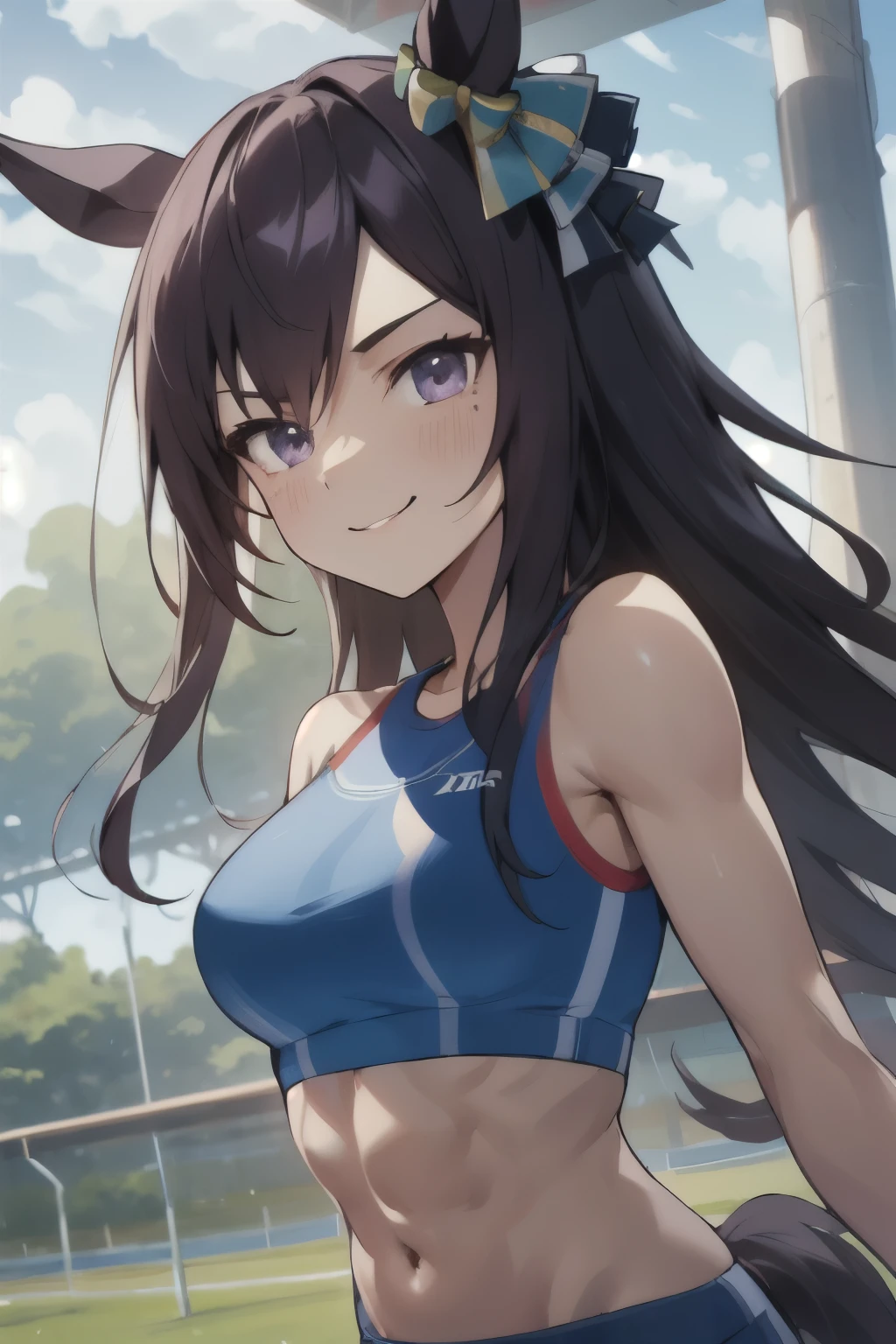 mejiro dober\(umamusume\), ((ultra-detailed face)), masterpiece, best quality, symmetrical face, beautiful face, slender, sports bra, horse tail, smile, abs, athletics track