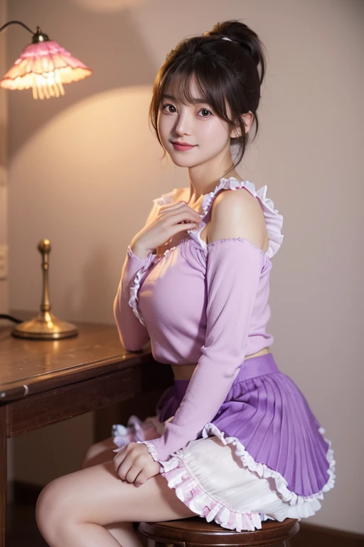 Smile、night、original photography、(((ultimate beauty portrait)))、((sparkling skin))、1 girl、Beautiful 15 year old girl from Prague、bright expression、((brown hair))、(purple clothes),(B cup no)、(frilly skirt:1.5)、((Big eyes sparkling like gems))、cardigan、open your clothes、pantyhose、Glowing and radiant skin、(medium hair)、(silk ponytail)、(standing)、(from below)、under skirt、(from below看内衣的特写)、Eyeliner、beautiful bangs、hair between eyes、((Masterpiece、top quality、Super detailed、lamp、intricate details、high resolution、Very detailed))、background for this、8 kood、digital SLR、soft light、high quality、film grain、富士XT3 、shallow view deep、natural soft light、Kamimei、plump bust