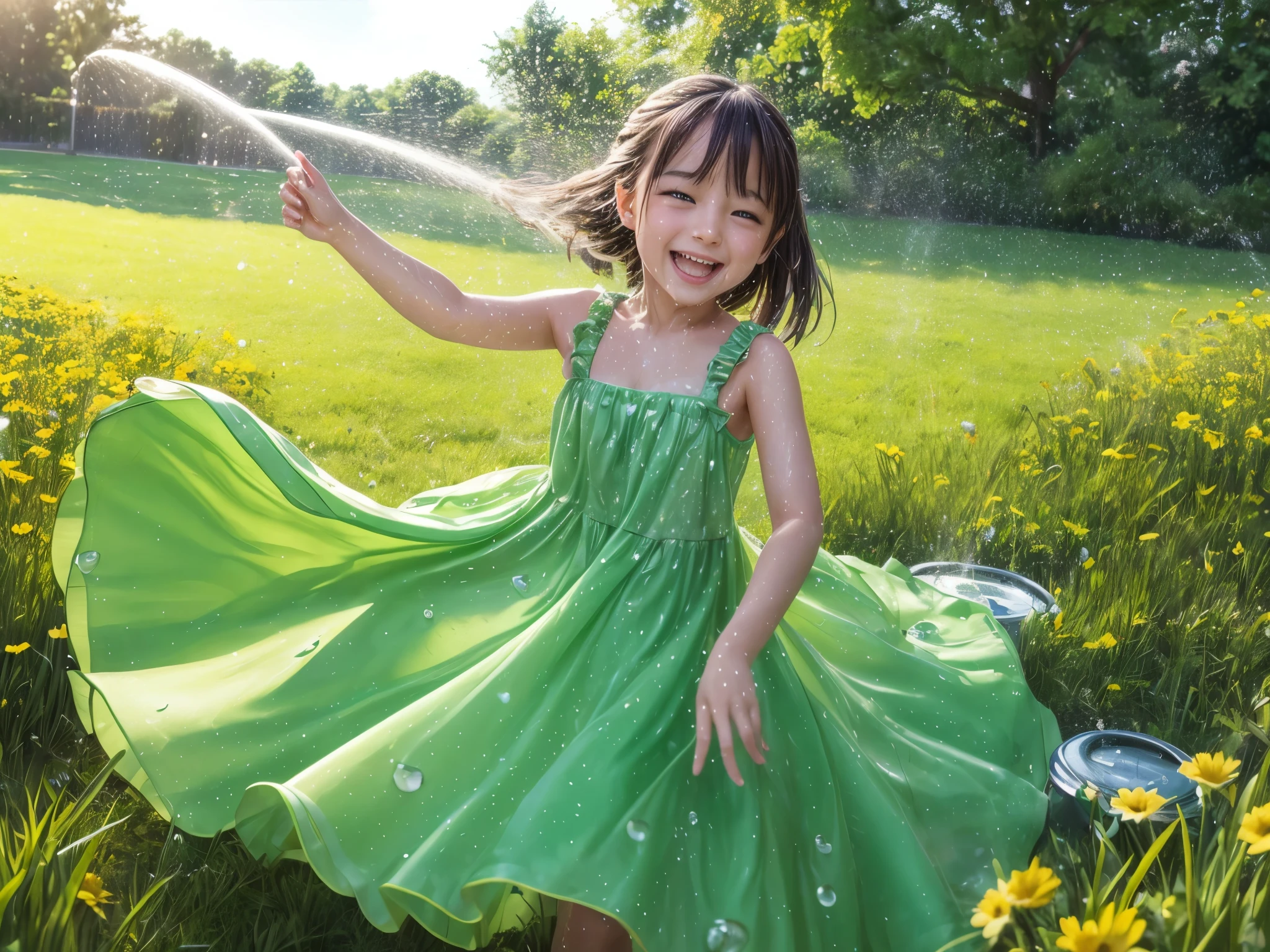 ultra-detailed,lush green grass,girl frolicking in the water spraying from the automatic watering machine,sunlight shining through the water droplets,dreamy atmosphere,playful expression on the girl's face,colorful summer dress,sparkling water,joyful movement,refreshing splash,sprinkler rainbows,background of blooming flowers,lively scene,bright and vibrant colors