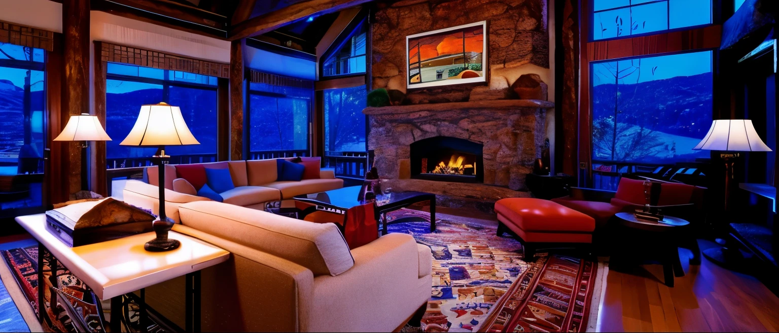 Arafad living room with fireplace and large windows, Warm living room, warm interior, warm interiors, cozy living room, comfortable environment, Luxurious interiors, cozy living room interior, comfortable environment, Fire, very cozy, roar of fire, Warm fireplace, Comfortable and peaceful atmosphere, Luxurious environment, cozy place, cozy contemporary living room, blend into the mountains