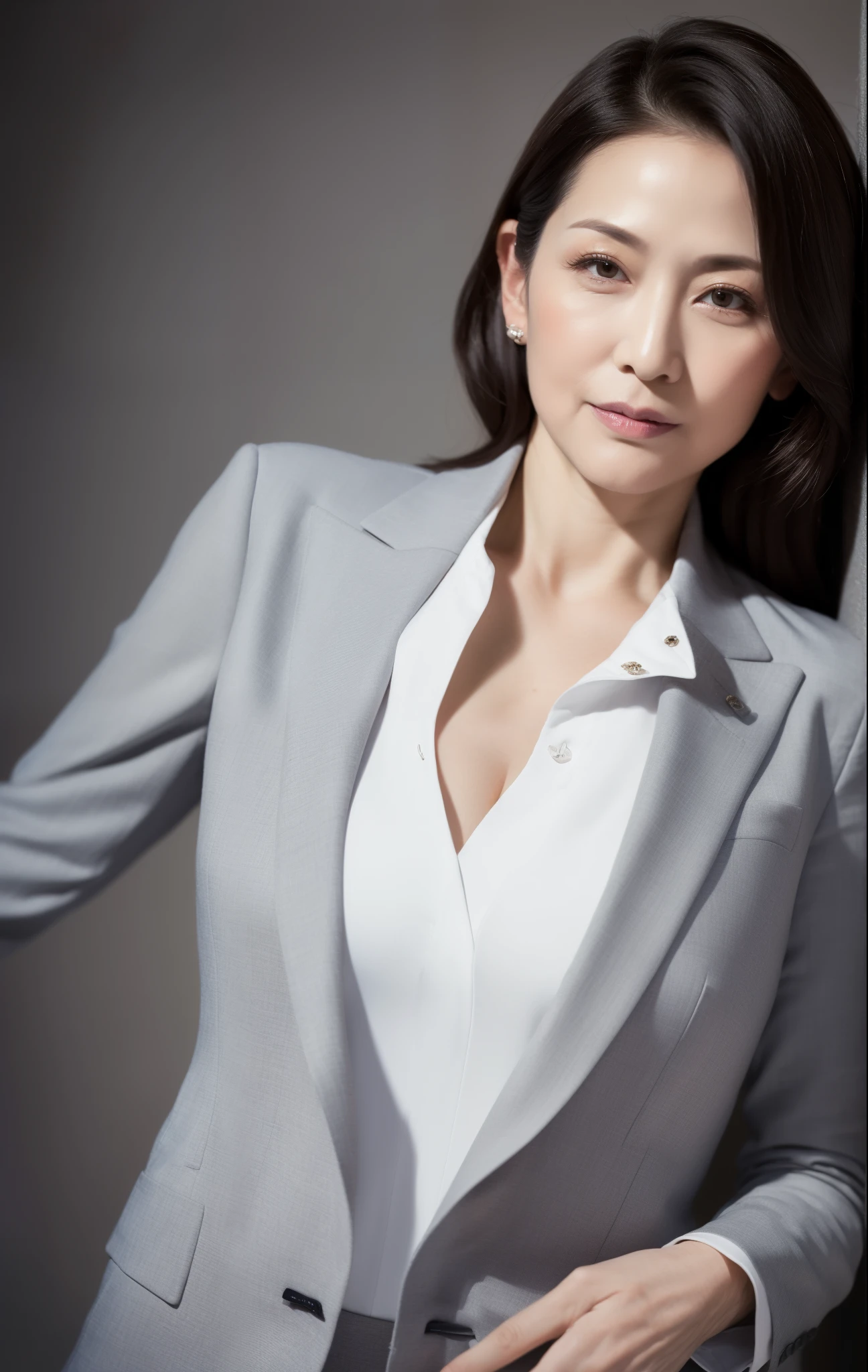 masterpiece,best quality, (one milf), ((portrait:1.5)), makeup, elegant grey suit, white shirt, touch own chest, ((seduction expression)),