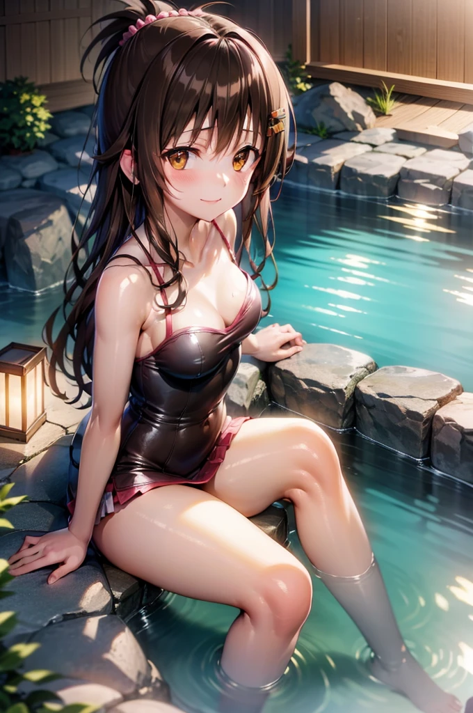 mikanyuuki, mikan yuuki, (brown eyes:1.7), brown hair, hair ornament, hair scrunchie, long hair, pink scrunchie, scrunchie, (flat chest:1.2), masterpiece, best quality, haruna, 1gir,BREAK medium breasts, crossed legs, sitting, looking at the viewer, onsen, stone, night, blush, smile, sitting BREAK medium breasts, crossed legs, sitting, looking at the viewer, onsen, stone, night,armpits,cowboy shot、from above,looking at viewer,exposured skin, raw skin,exposure,towel on body
