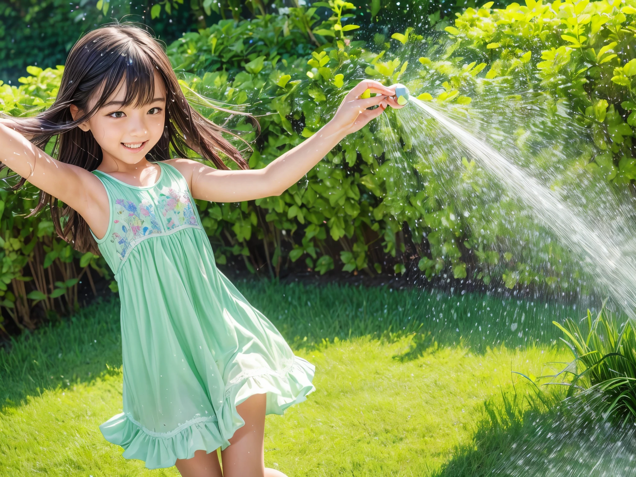 ultra-detailed,lush green grass,girl frolicking in the water spraying from the automatic watering machine,sunlight shining through the water droplets,dreamy atmosphere,playful expression on the girl's face,colorful summer dress,sparkling water,joyful movement,refreshing splash,sprinkler rainbows,background of blooming flowers,lively scene,bright and vibrant colors