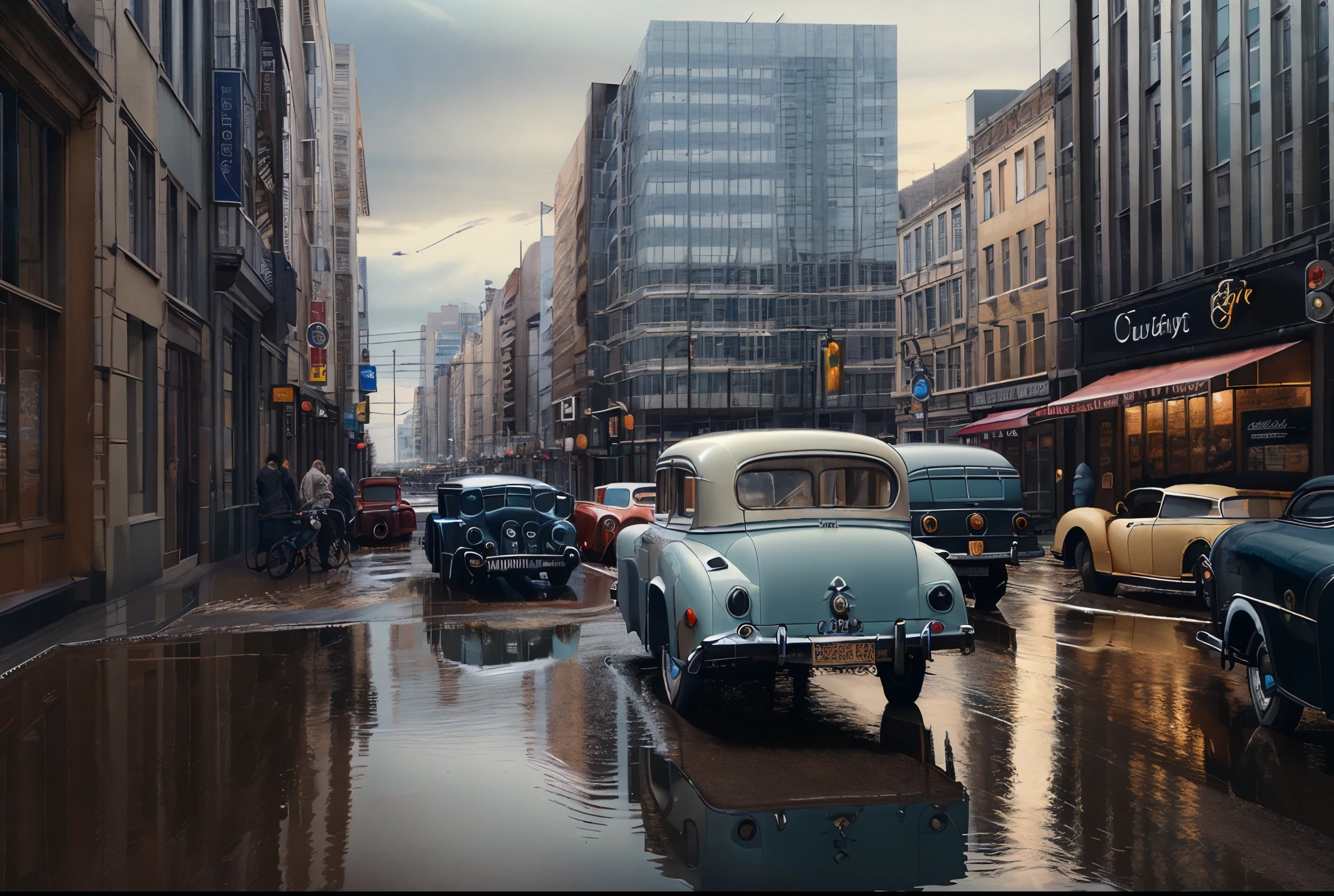 (8K, Best Quality, Masterpiece: 1.2), (Realistic illustration: 1.37), Super Detailed,(top-quality), (ultra-detailliert),High Resolution, BREAK Create a city street scene on a rainy day, the azure sky reflecting in puddles on the asphalt, the buildings tinted with soft blue hues.Elegant, vintage cars cruise along the boulevards as the city awakens to a day of jazz and glamour ,(vintage cars:1.5)