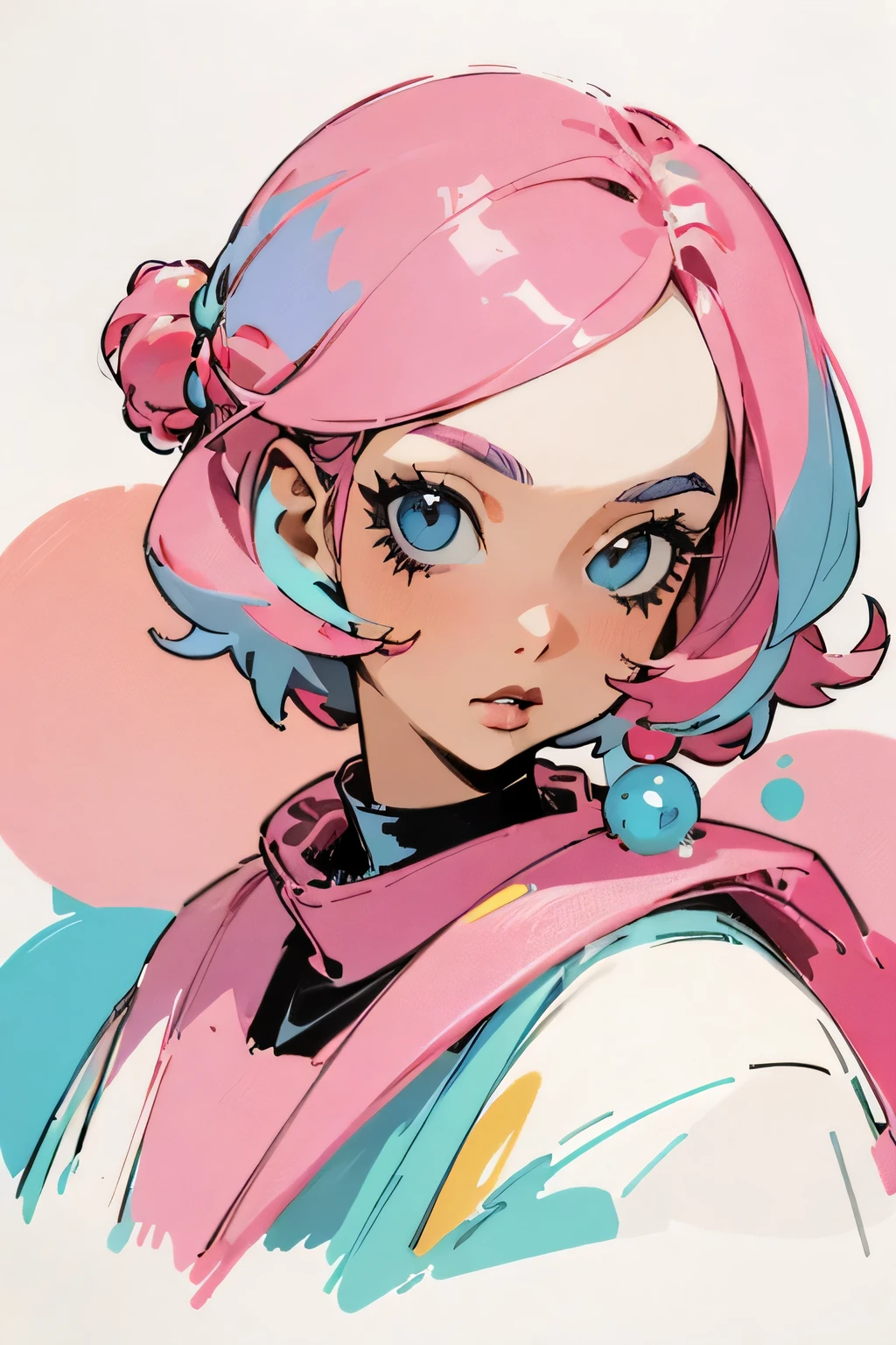 Color block painting，high detail，best quality，Better face，girl，Fashion，bubble gum，pink hair