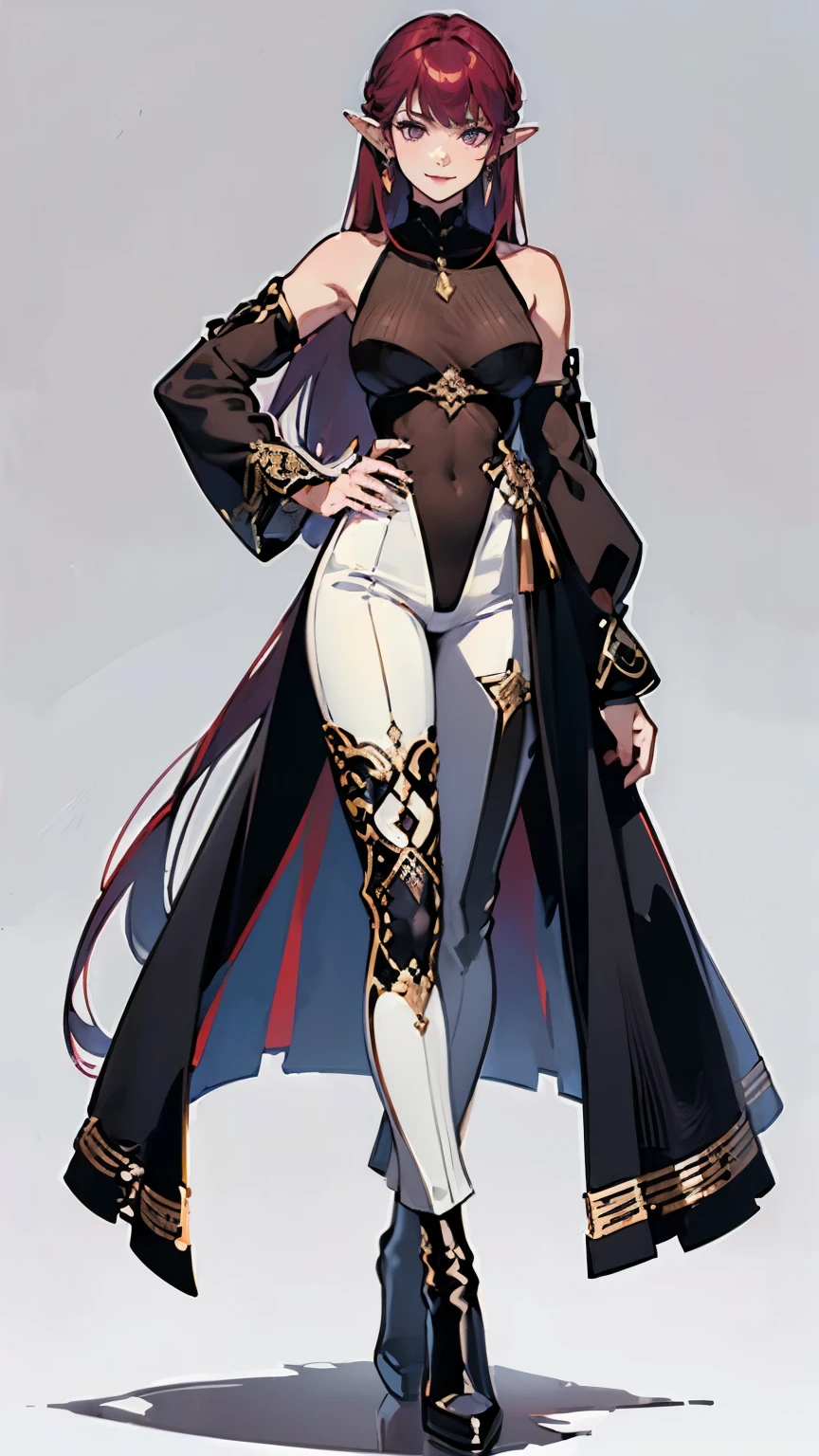 ((masterpiece,best quality,8k,highres)),((character concept art)), 1 female, young adult female, idol,singer, 170 cm height, long straight hair, curtain hair bangs (maroon hair colour), ultra finely detailed eyes (purple eyes colour), extraordinary gorgeous, charming, smirk smile, warm smile, (pointed ears), medium breasts, hourglass body shape ((muscular)), ((intricate detail)), super finely detailed hands, ultra finely detailed fingers(((ten fingers))), sleeveless model outfit (white outfit colour), short pants, black chelsea boots, earrings, necklace, (standing still), (full body showcase), (show full body), (no logos on background), (no logo), ((plain background)), ((plain background)), (((empty background)))
