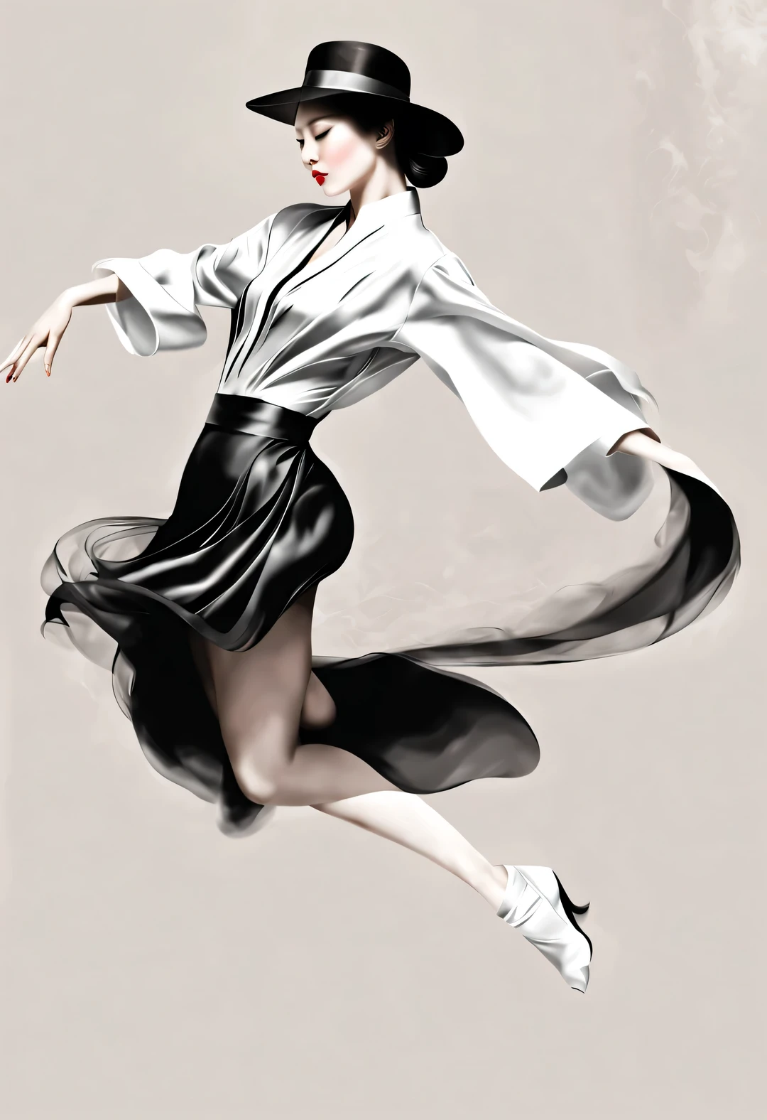 (Art dance poster design), (Half body), (Beautiful and ethereal Chinese dancers dance gracefully), (Wear stylish and modern workplace attire: 0.8), head-raised posture, Fair and flawless skin, high nose bridge, (Face covered by big hat: 1.37), bitter, (Limbs are extremely slender and beautiful: 1.1), Beautiful features, (karate kyaku),
rotating fog, Noble temperament, black and white illustration, Chinese ink painting, black hair, meatball, messy, Proud, Surrealism, contemporary art photography, illustration action painting, abstract expressionism, Pixar, depth of field, motion blur, backlight, Falling shadows, Gradient glow, Scale layers, Start at the bottom, Sony FE General Manager, ultra high definition, masterpiece, Accuracy, textured skin, Super details, high detail, high quality, Award-winning, best quality, Level, 16k,