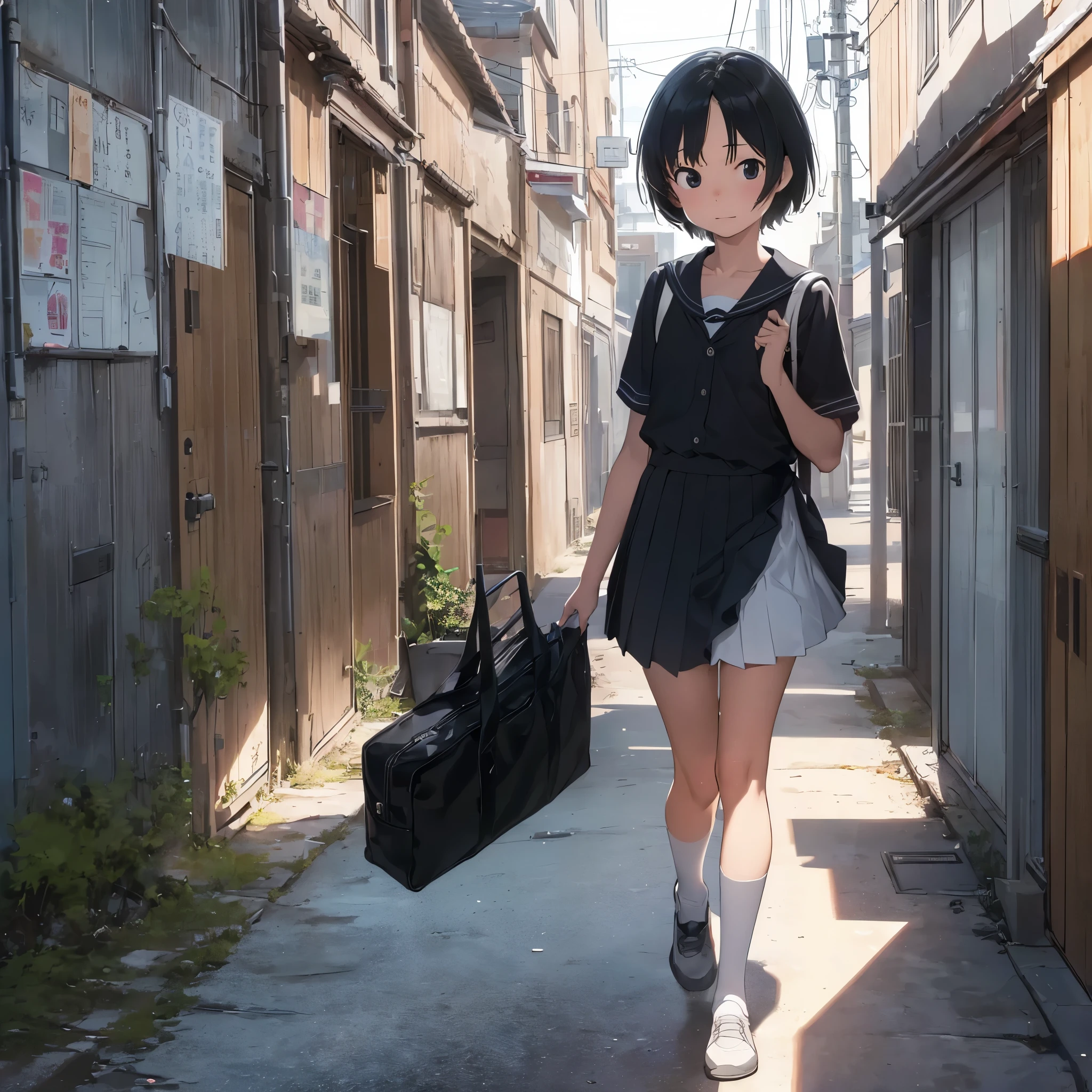 ((最high quality, anime, super detailed,High resolution,Very detailed CG,unity 8k wallpaper, by famous artists, perfect anatomy, super dense skin, cinematic lighting, UHD, retina, anatomically correct, 1080P)),break,portrait, documentary, photograph, A 13 years old gender-neutral middle school student with short black hair and flat chest, 疲れた表情でCommuting to schoolルートを歩く, short hair, school uniform, skirt,  Commuting to school route, high quality, realistic, eye level shot, medium shot, Front view, Natural light, Commuting to school,break, 1 girl, (alone,loli face,13 years old:1.5),Middle school students, androgynous charm, (Very short hair), flat chest, small ass, beautiful detailed black eyes, disgusted eyes,