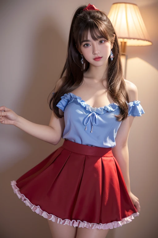 Smile、night、original photography、(((ultimate beauty portrait)))、((sparkling skin))、1 girl、Beautiful girl from Prague、bright expression、((brown hair))、(blue and red clothes),(B cup no)、(frilly skirt:1.5)、((Big eyes sparkling like gems))、cardigan、open your clothes、pantyhose、Glowing and radiant skin、(medium hair)、(silk ponytail)、(standing)、(from below)、under skirt、(from below看内衣的特写)、Eyeliner、beautiful bangs、hair between eyes、((Masterpiece、top quality、Super detailed、lamp、intricate details、high resolution、Very detailed))、background for this、8 kood、digital SLR、soft light、high quality、film grain、富士XT3 、shallow view deep、natural soft light、Kamimei、plump bust