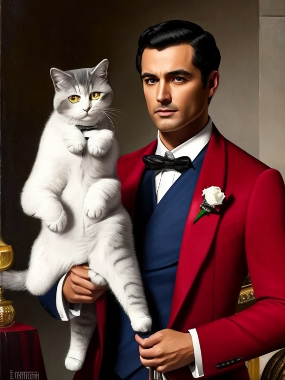 A man in an expensive red three-piece suit, 30 years old, the man has trimmed dark brown hair, he is holding a short haired gray cat, background is dark, in the style oil painting, portrait, 8k, by ericovalle