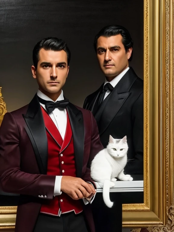 A man in an expensive red three-piece suit, 30 years old, the man has trimmed dark brown hair, he is holding a short haired gray cat, background is dark, in the style oil painting, portrait, 8k, by ericovalle