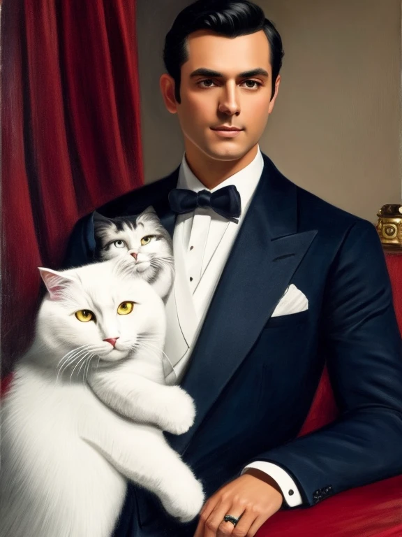 A man in an expensive red three-piece suit, 30 years old, the man has trimmed dark brown hair, he is holding a short haired gray cat, background is dark, in the style oil painting, portrait, 8k, by ericovalle