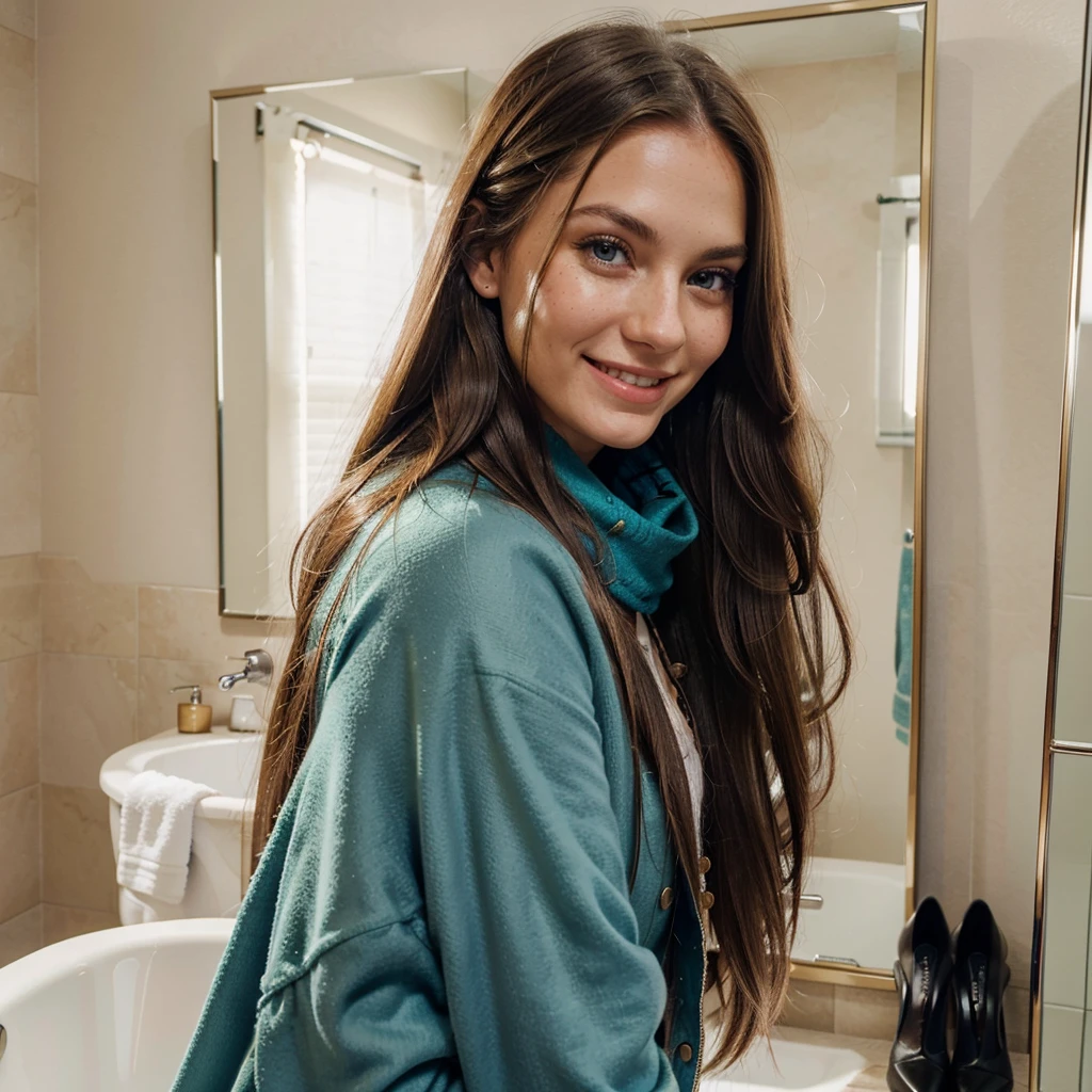 It's a beautiful real young woman with smooth long dark blond hair. Darker hairline. She is quite tall. She has a long pretty pointed nose. Sky Blue eyes. Large smile with really pretty dimples. Chin not pointy. Lightly red skin tone on her dimples. Lot of Freckles on her nose and dimples. She is wearing a long chakr coloured coat with black shoes. She has a really gorgeous colourful scarf around her neck and hair. Looking at her in a mirror in the bathroom while smiling