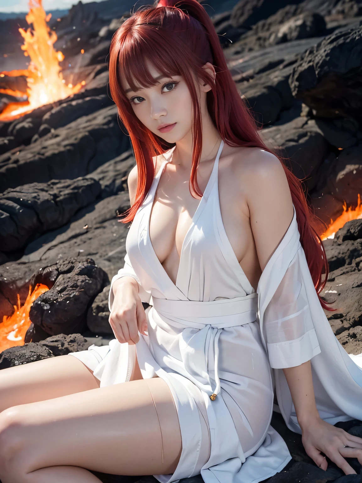 (masterpiece、Super detailed、8K、highest quality:1.5),((very cute)),best image quality, Two-dimensional beauty,semi-long,ponytail,(scarlet colored hair,scarlet eyes:1.3),sensual figure,intricate details,charm, realistic texture, charmな,(active volcanic crater,lava:1.3),(He wears white robes all over his body:1.5),No sleeve,Sit on a rock,raise one leg