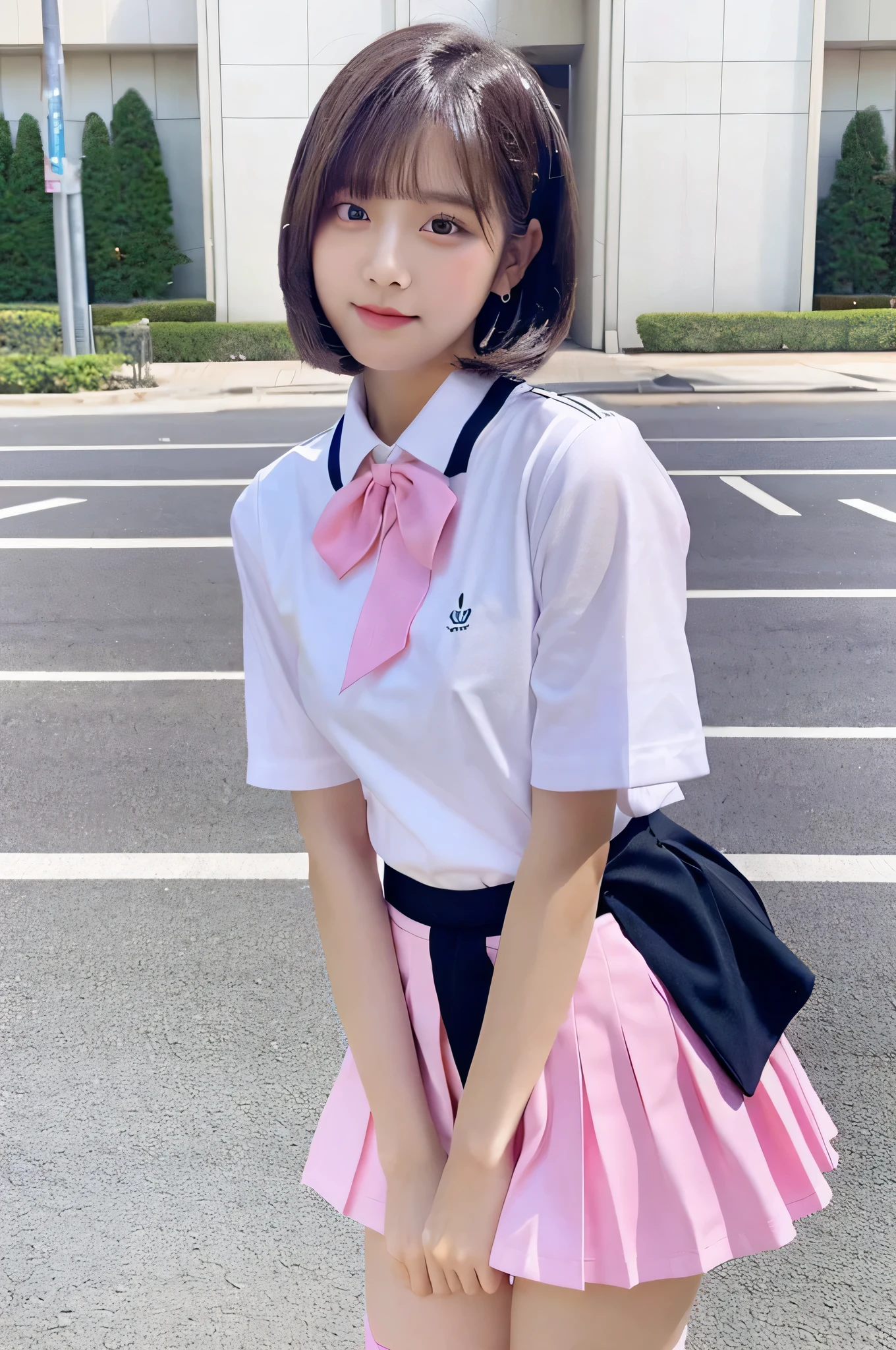 An 18-year-old high school girl wearing a white shirt and pink miniskirt uniform...(black short bob)
