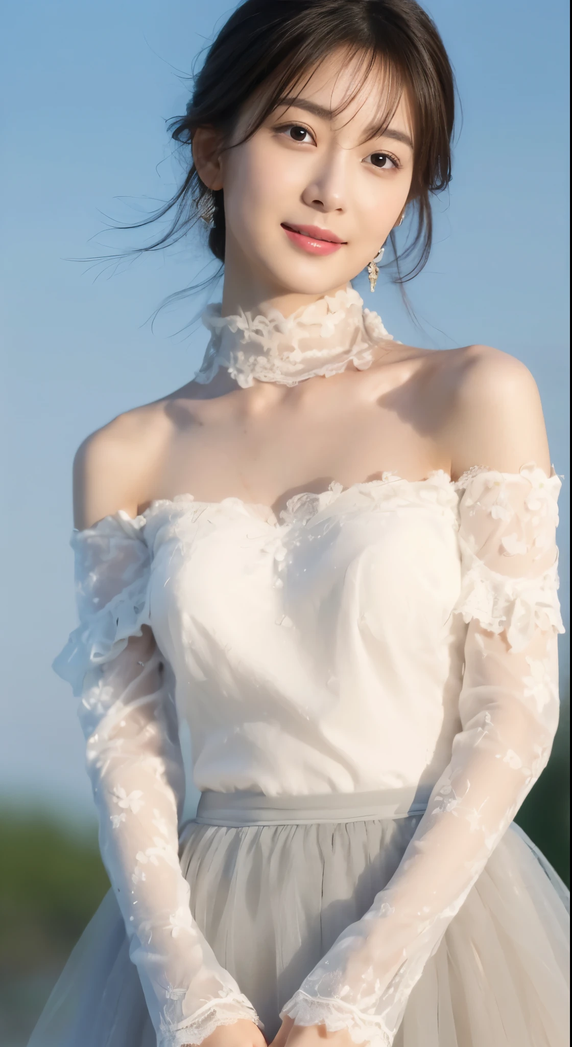 ((Masterpiece, Top image quality, high resolution、solo、shiny skin))(on the table, best quality, realistic, Super detailed, meticulous, high resolution, 8k wallpaper), Close-up portrait of a beautiful woman, Chariada, smiling, light brown messy hair, Perfect dynamic composition, 美丽meticulous的眼睛, Just like the cover of a fashion magazine, on campus