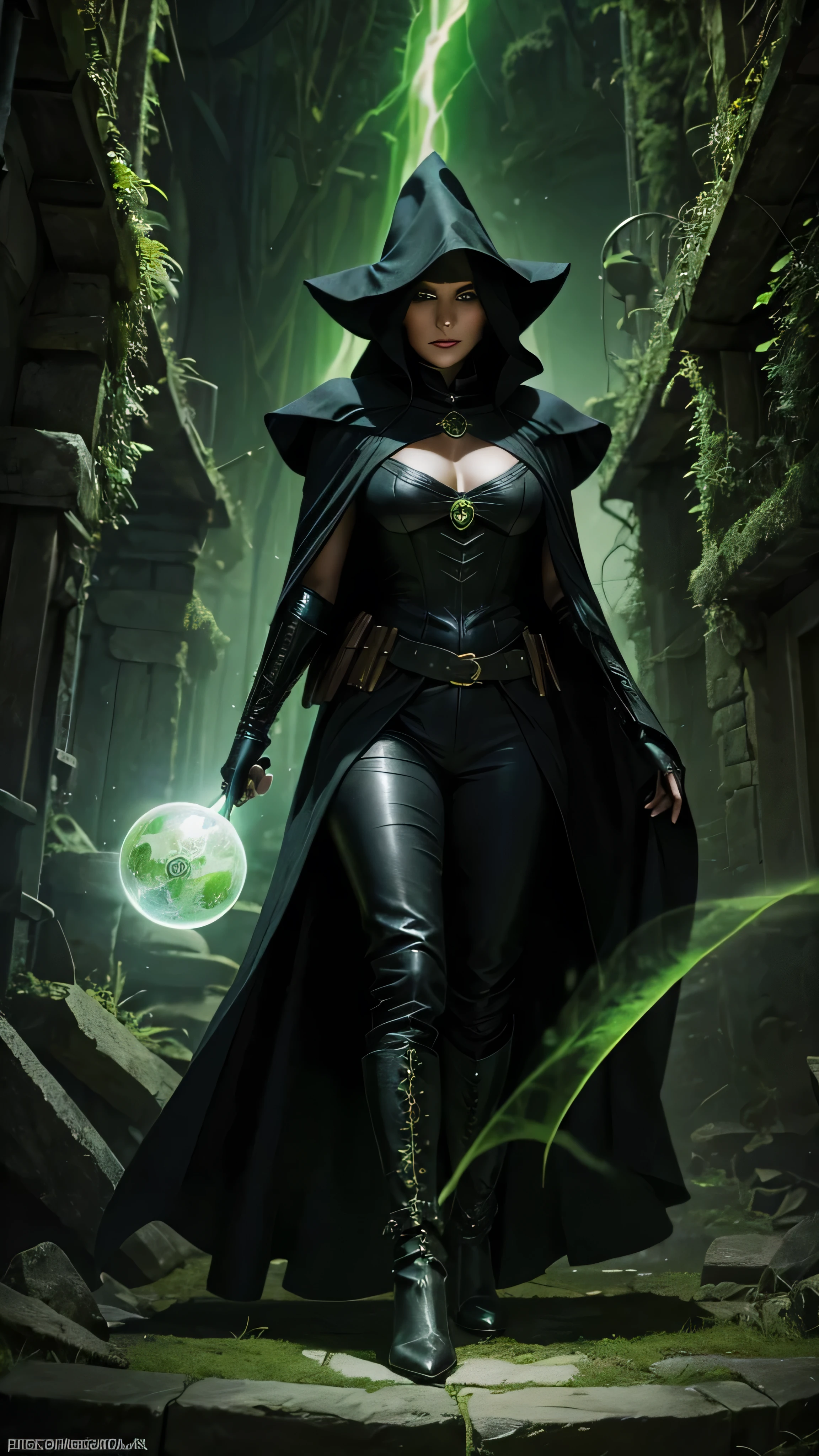 The engineer sorceress is a young and beautiful woman, com longos cabelos negros e olhos verdes. She is wearing a black cape and a green cape. fantastical setting, Estilo medieval, retrofuturismo