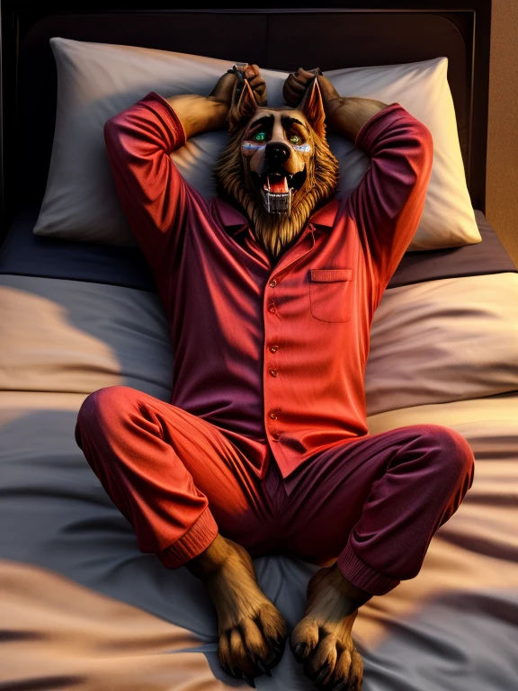 Barefoot Smirnov is lying on a bed with his arms and legs spread, wearing red pajamas, handcuffed to the bed by his wrists and ankles, detailed nice big dog feet paws with claws, in a trance, a expression of weak resistance to hypnosis on his face, drooling, green glow in his eyes. high resolution, anatomically correct