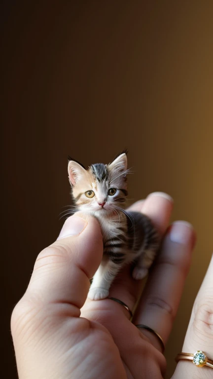 Super tiny mini kitten on a normal human finger. real photo, classic composition, masterpiece, beautiful, color correction, stunning visual effects, crazy details, intricate details, sharp focus, HD, 8k