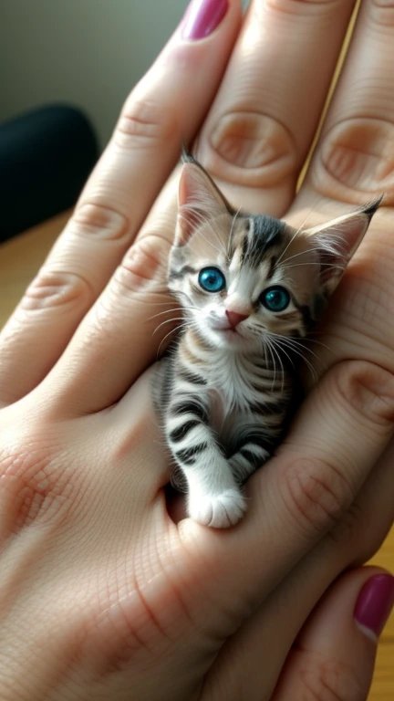 Super tiny mini kitten on a normal human finger. real photo, classic composition, masterpiece, beautiful, color correction, stunning visual effects, crazy details, intricate details, sharp focus, HD, 8k