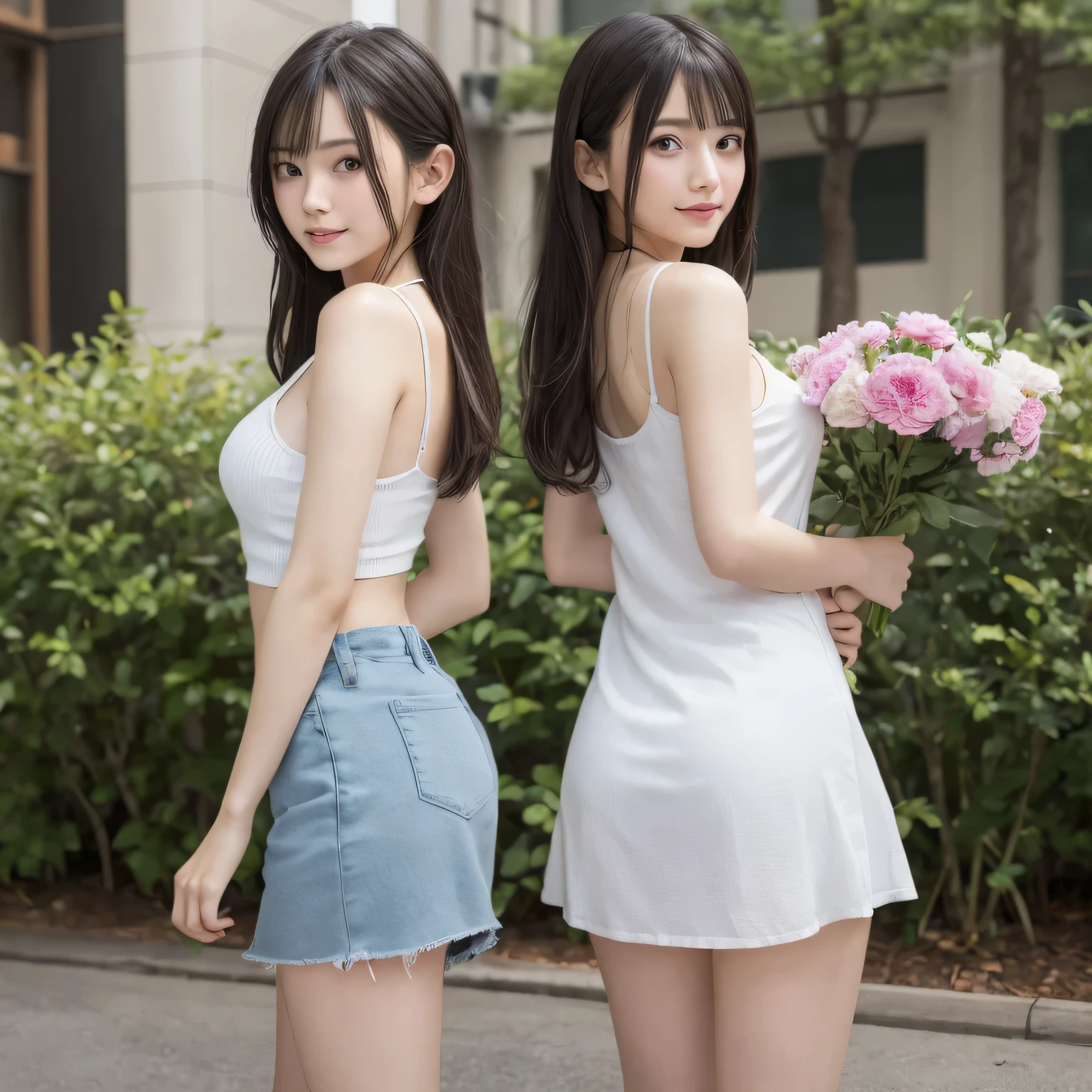 on the table, best quality, illustration, Super detailed, fine details, high resolution, 8k wallpaper, Perfect dynamic composition, Beautiful and delicate eyes,whole body摄影,show your whole body、white vest、mini skirt,thin and transparent、long gray hair,Full, large breasts:1.5、Huge cleavage, Bold sexy pose,Smile,Harajuku、20 year old girl、huge :1.5、Look at the sexy shots of the camera, whole body、 Rear view、Holding a bouquet of flowers