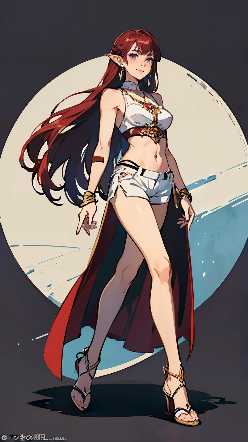 ((masterpiece,best quality,8k,highres)),((character concept art)), 1 female, young adult female, idol,singer, 170 cm height, long straight hair, curtain hair bangs (maroon hair colour), ultra finely detailed eyes (purple eyes colour), extraordinary gorgeous, charming, smirk smile, warm smile, (pointed ears), medium breasts, hourglass body shape ((muscular)), ((intricate detail)), super finely detailed hands, ultra finely detailed fingers(((ten fingers))), sleeveless model outfit (white outfit colour), ((extreme short pants)), black chelsea boots, earrings, necklace, (standing still), (full body showcase), (show full body), (no logos on background), (no logo), ((plain background)), ((plain background)), (((empty background)))