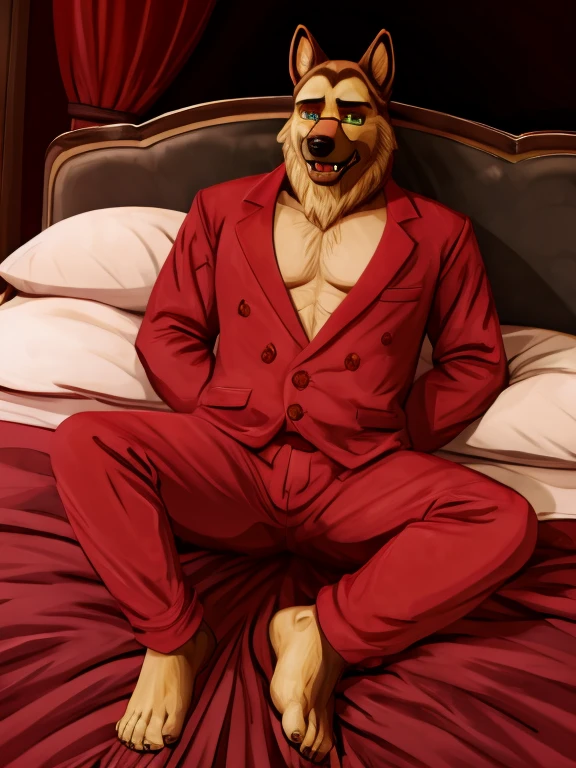 Barefoot Smirnov is lying on a bed with his arms and legs spread, wearing red pajamas, handcuffed to the bed by his wrists and ankles, detailed nice big dog feet paws with claws, in a trance, a expression of weak resistance to hypnosis on his face, drooling, green glow in his eyes. high resolution, anatomically correct