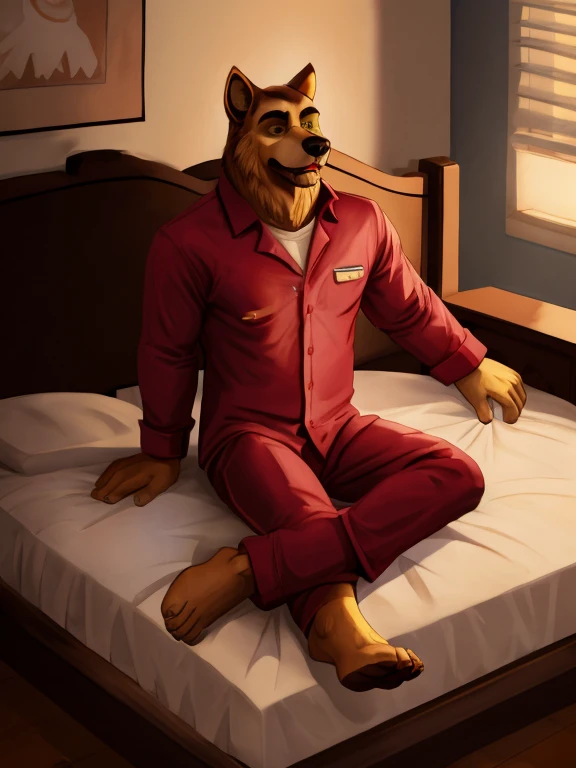 Barefoot Smirnov is lying on a bed with his arms and legs spread, wearing red pajamas, handcuffed to the bed by his wrists and ankles, detailed nice big dog feet paws with claws, in a trance, a expression of weak resistance to hypnosis on his face, drooling, green glow in his eyes. high resolution, anatomically correct