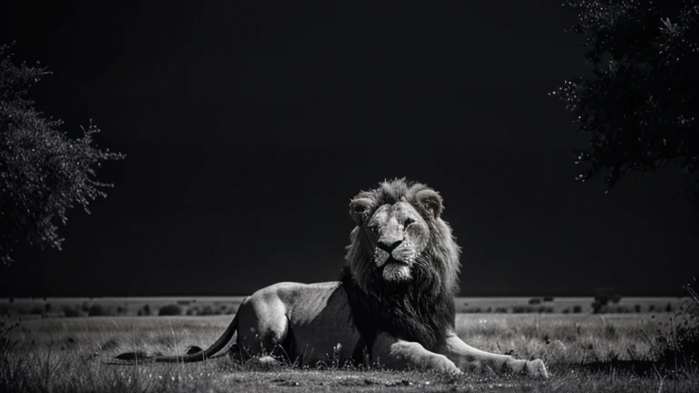 A dark landscape image of a Lion's pride in the safari connected to royalty and leadership, black and white, include one single big stereotypical king of the jungle strong male king lion ruling over his kingdom