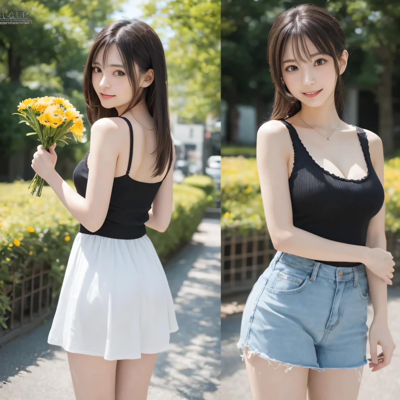 on the table, best quality, illustration, Super detailed, fine details, high resolution, 8k wallpaper, Perfect dynamic composition, Beautiful and delicate eyes,whole body摄影，show your whole body、white vest、mini skirt,thin and transparent、long gray hair,Full, large breasts:1.5、Huge cleavage, Bold sexy pose,Smile,Harajuku、20 year old girl、huge :1.5、Look at the sexy shots of the camera, whole body、 Rear view、Holding a bouquet of flowers
