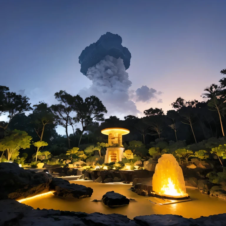 Octopus Man Hexagonal Base(Very detailed) In a hexagonal mountain oasis,There are several hexagonal exhaust fans and chimneys,some neon lights projecting from the base,light up the night),There are some clouds in the night sky,Some surrounding planets provide air to unknown planets,The most distant giant hexagonal volcanic eruption,rainforest