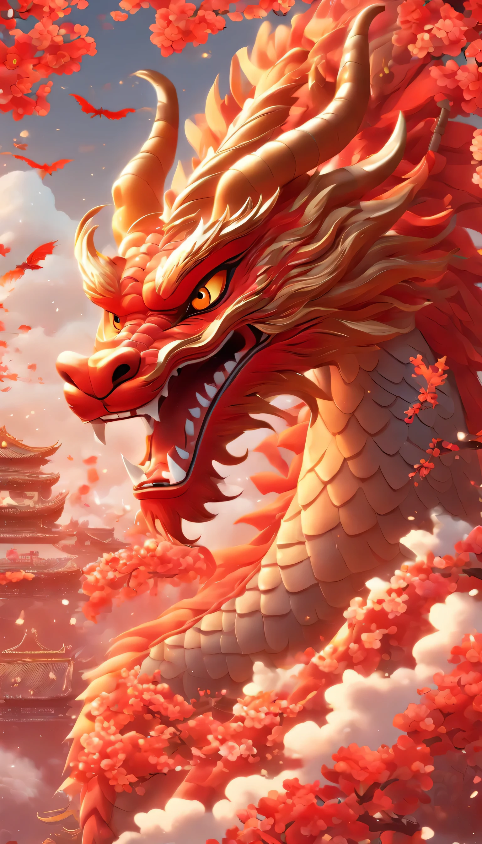 Jin Porcelain Dragon, lunar New Year, nobody,A red Chinese giant flies in the sky,Pixar,Cartoonish,