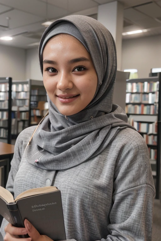 ((best quality photo realistic), kyulkung, 18yo girl, (grey outfit), looking at viewer, beatifull smile, (background :library ), detailed face, (closeup:0.5),wear grey hijab), reading with group