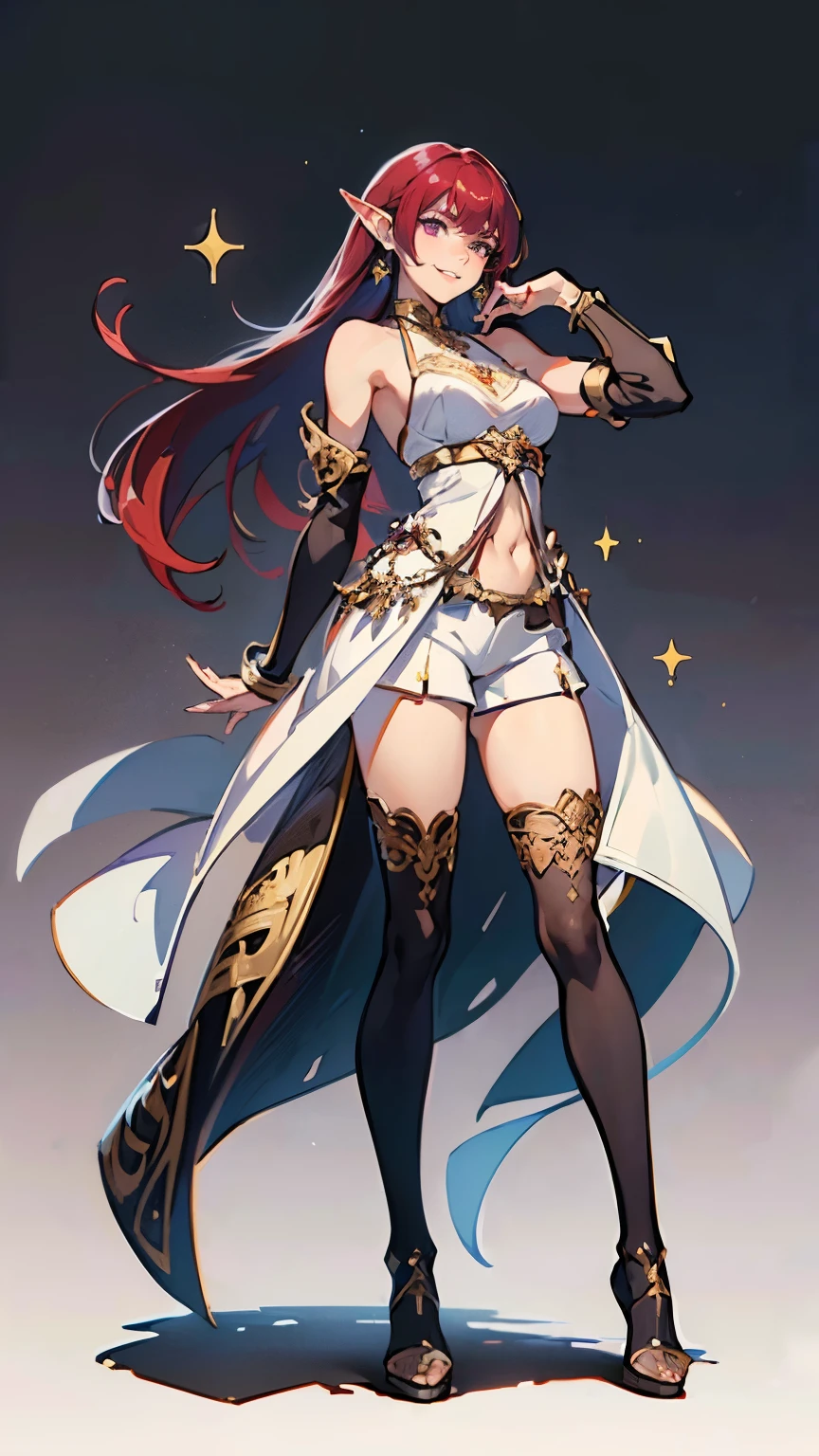 ((masterpiece,best quality,8k,highres)),((character concept art)), 1 female, young adult female, idol,singer, 170 cm height, long straight hair, curtain hair bangs (maroon hair colour), ultra finely detailed eyes (purple eyes colour), extraordinary gorgeous, charming, smirk smile, warm smile, (pointed ears), medium breasts, hourglass body shape ((muscular)), ((intricate detail)), super finely detailed hands, ultra finely detailed fingers(((ten fingers))), sleeveless bard outfit (white outfit colour), ((extreme short pants)), black chelsea boots, earrings, necklace, (standing still), (full body showcase), (show full body), (no logos on background), (no logo), ((plain background)), ((plain background)), (((empty background)))
