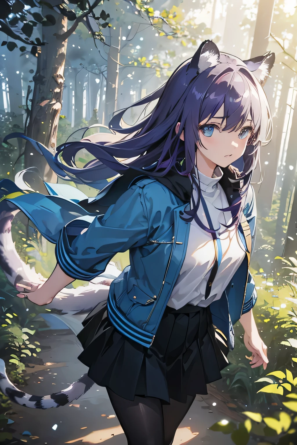 (best quality,4K,8 thousand,mackerel,masterpiece:1.2),ultra-detailed,(realistic,photorealistic,photo-realistic:1.37),hdr,UHD,studio lighting,Ultrafine painting,sharp focus,Physically Based Rendering,extreme detail description,professional,vivid colors,bokeh,Concept artist,portrait,young 10 year old girl,black purple hair,brightly shining blue eyes,White tiger ears,tail,standing, whole body, casual, black skirt, Blue Jacket, standing in the forest, light particles, alluring atmosphere