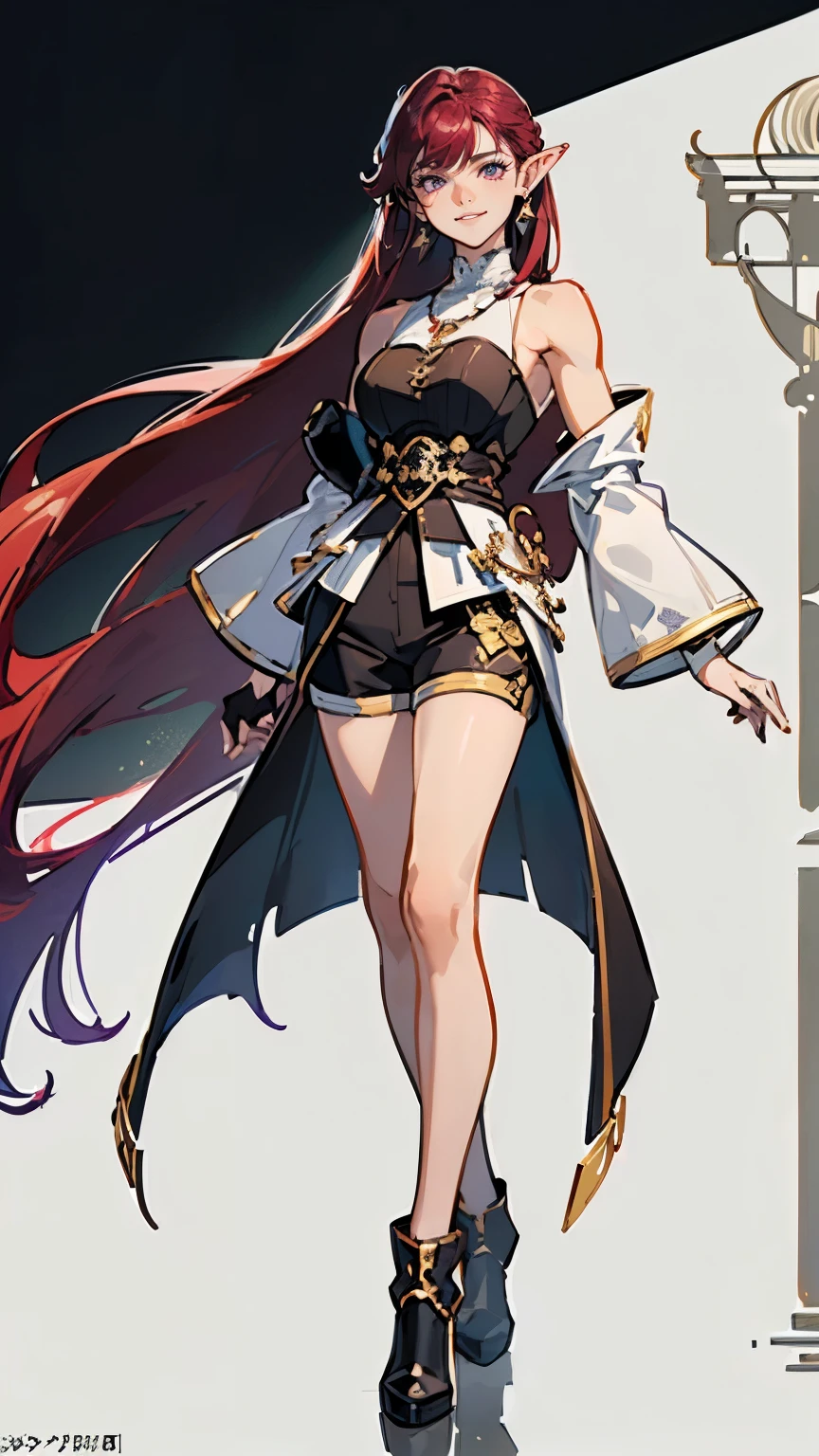 ((masterpiece,best quality,8k,highres)),((character concept art)), 1 female, young adult female, idol,singer, 170 cm height, long straight hair, curtain hair bangs (maroon hair colour), ultra finely detailed eyes (purple eyes colour), extraordinary gorgeous, charming, smirk smile, warm smile, (pointed ears), medium breasts, hourglass body shape ((muscular)), ((intricate detail)), super finely detailed hands, ultra finely detailed fingers(((ten fingers))), sleeveless bard outfit (white outfit colour), ((extreme short pants)), black chelsea boots, earrings, necklace, (standing still), (full body showcase), (show full body), (no logos on background), (no logo), ((plain background)), ((plain background)), (((empty background)))