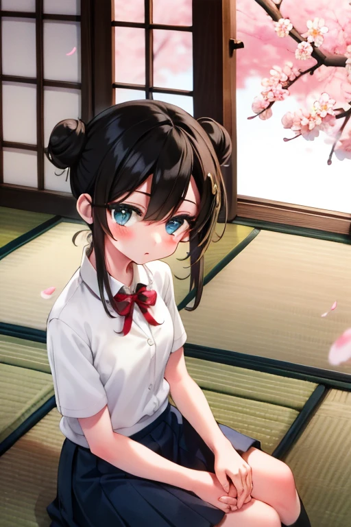 Black hair in a bun, brown school uniform tatami room Sitting well-behaved looking at me Spring cherry blossoms are blooming outside