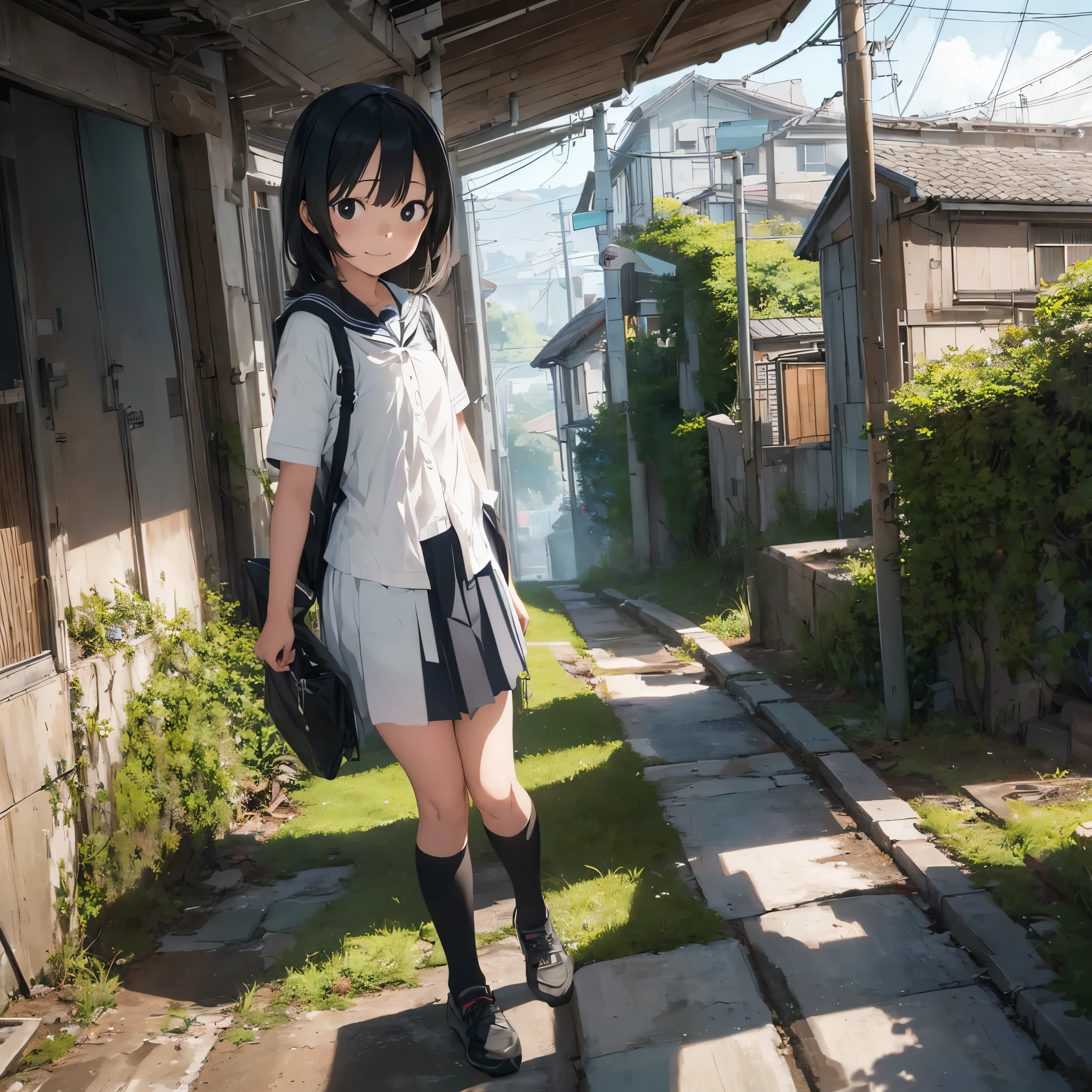 Hatsune Miku,((最high quality, anime, super detailed,High resolution,Very detailed CG,unity 8k wallpaper, by famous artists, perfect anatomy, super dense skin, cinematic lighting, UHD, retina, anatomically correct, 1080P)),break,portrait, documentary, photograph, A ,beautiful breasts,Commuting to schoolルートを歩く, school uniform, skirt,  Commuting to school route, high quality, realistic, eye level shot, medium shot, Front view, Natural light, Commuting to school,break, 1 girl, (alone,loli face,13ears old:1chool students, an ass, beautiful detailed black eyes, A sly smile