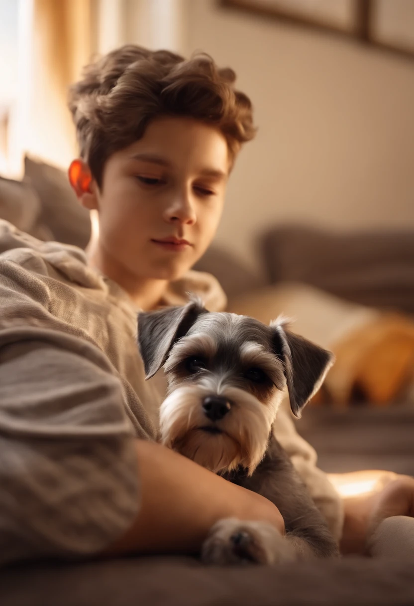 a miniature schnauzer and a boy chill out in the living room, morning, sunshine, enjoying, rally detailed and real picture.  real face and bodies, filmed by Canon, 
