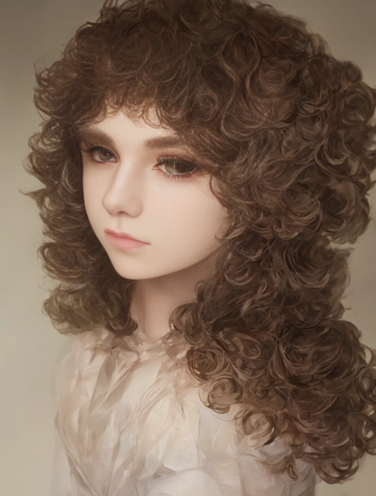 A young (gender neutral) person with curly white hair and dark brown eyes with long eyelashes, pale skin with rosy cheeks and an innocent look in his eyes