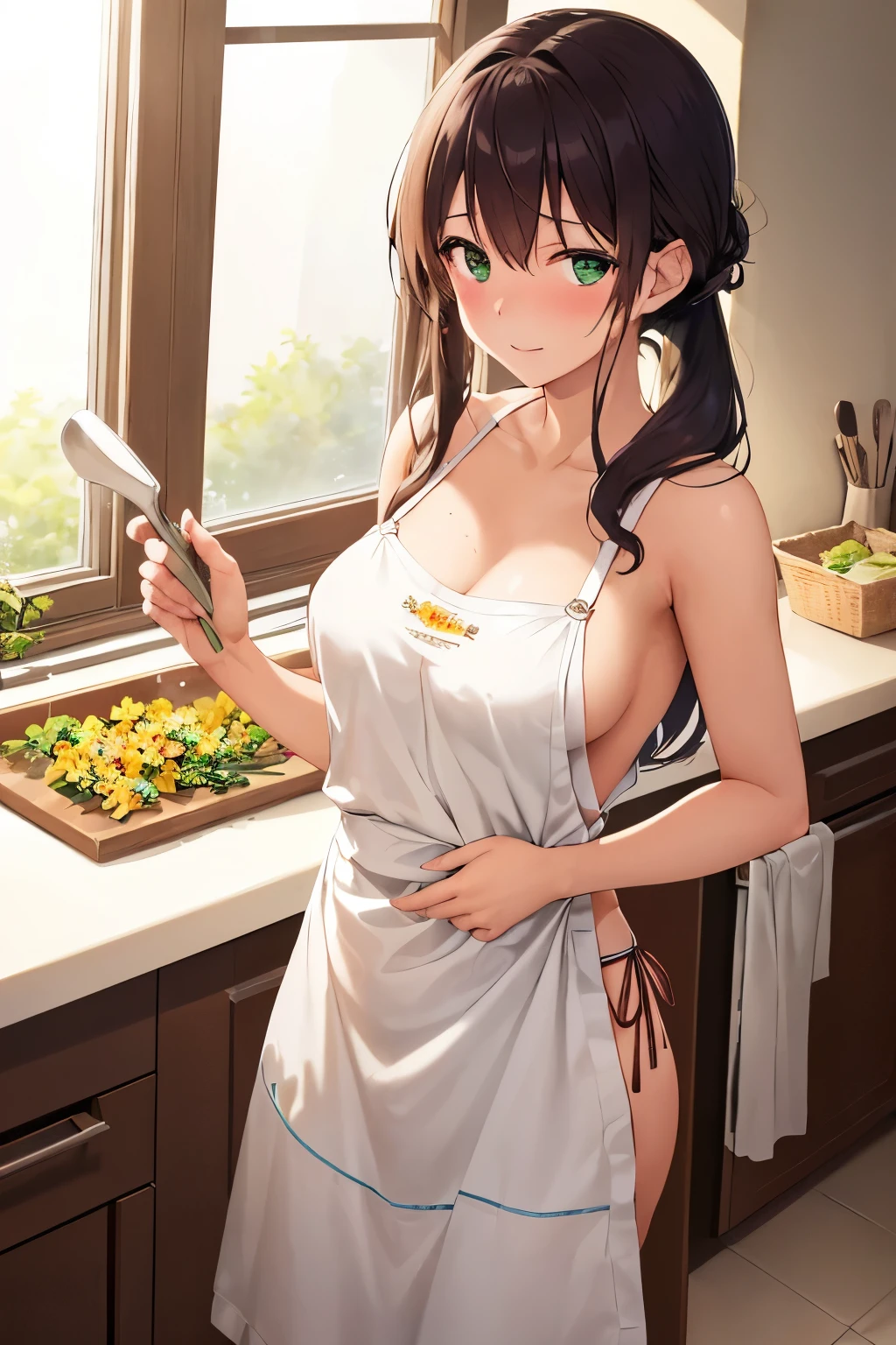 My beloved wife Hinata, with her radiant, sun-kissed complexion and youthful features, dons only an apron as she tenderly prepares a delectable feast in the kitchen. The apron, adorned with vibrant flowers, stands out against the plain, white background of the pristine counter. Her long, wavy chestnut hair cascades down her back, capturing the flickering sunlight that streams through the window. Her sparkling, emerald green eyes, framed by the subtle blush on her cheeks, betray her slight embarrassment at her current state of undress. Her petit frame, clad in the revealing apron, showcases her grace