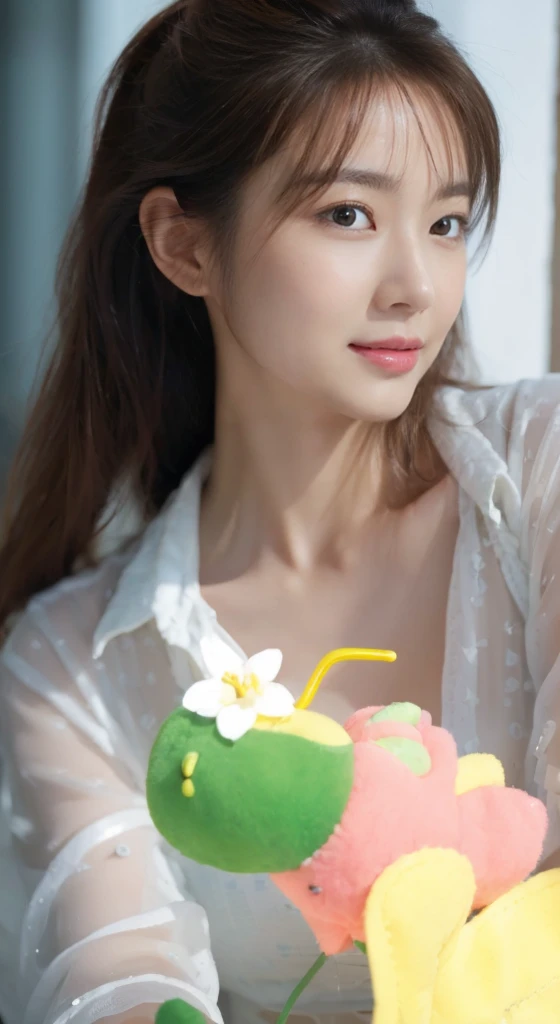 ((Masterpiece, Top image quality, high resolution、solo、shiny skin))(on the table, best quality, realistic, Super detailed, meticulous, high resolution, 8k wallpaper), Close-up portrait of a beautiful woman, Chariada, smiling, light brown messy hair, Perfect dynamic composition, 美丽meticulous的眼睛, Just like the cover of a fashion magazine, on campus