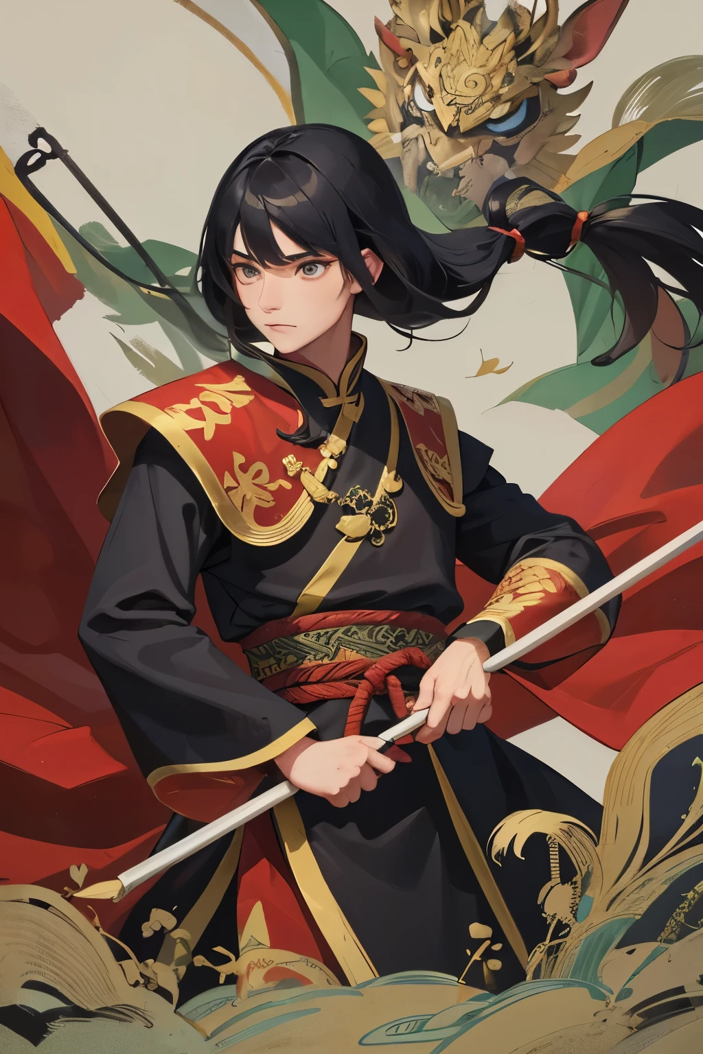 flat style，Hand Painted，China，Wear armor，盔甲带有China龙元素，man，Hand Painted，flat style，There are mounts，有China传统元素，robe，There is an entourage，Battle flag，Has long hair，black hair，Single horsetail，There are elements of gossip